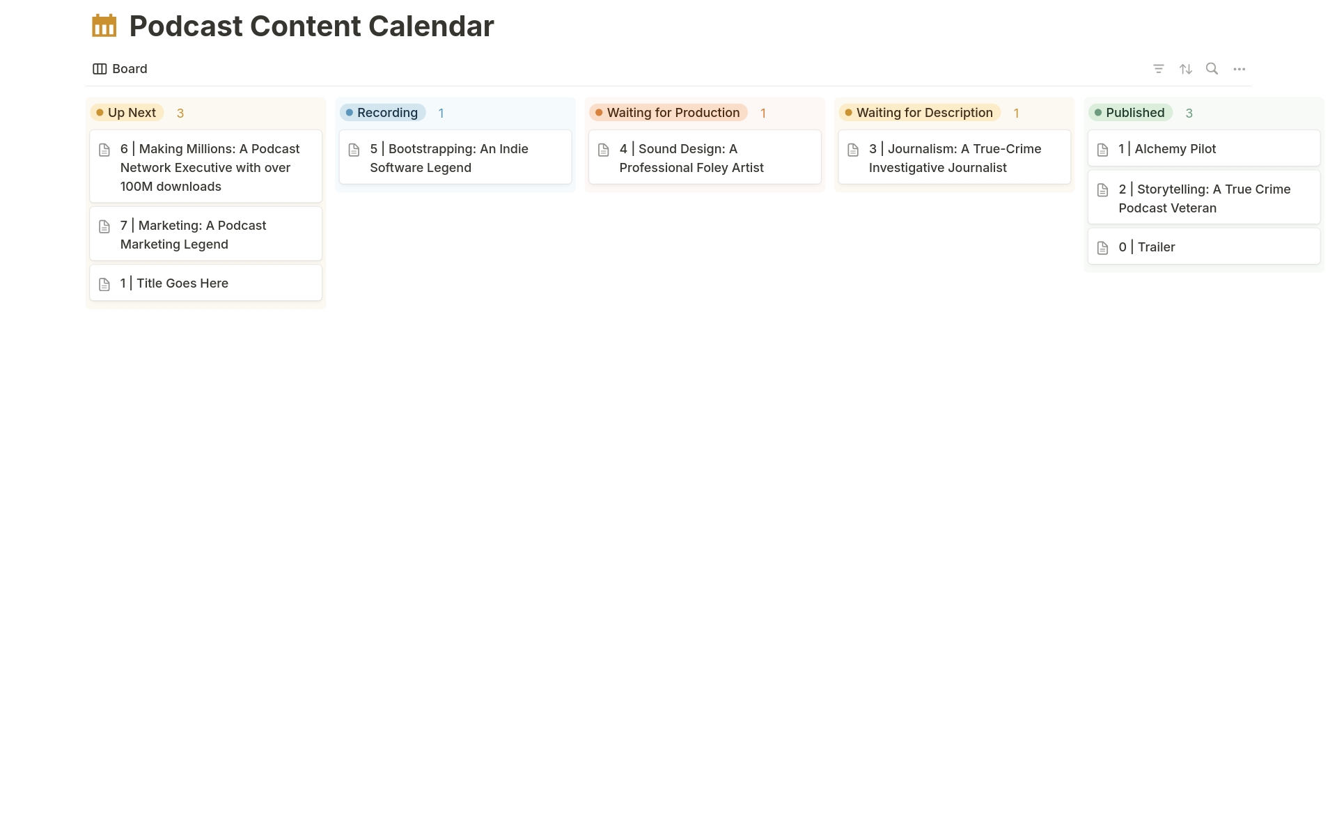 The Podcast Content Calendar is a Notion template designed to organize, streamline and enhance your podcasting creation and production workflow. Manage your release schedule with a clear and organized calendar view, preventing any missed deadlines.
