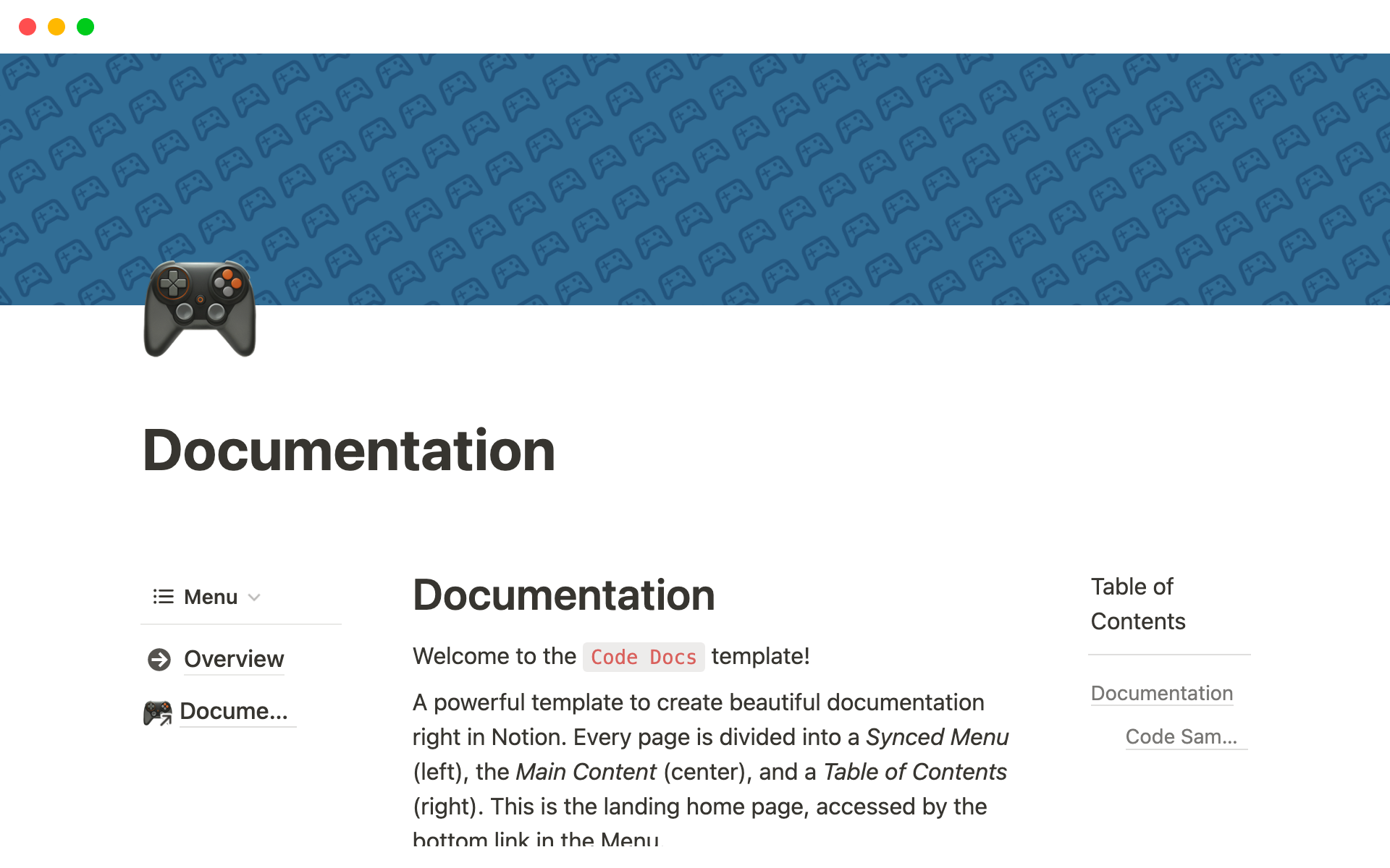 En forhåndsvisning av mal for Code Documentation