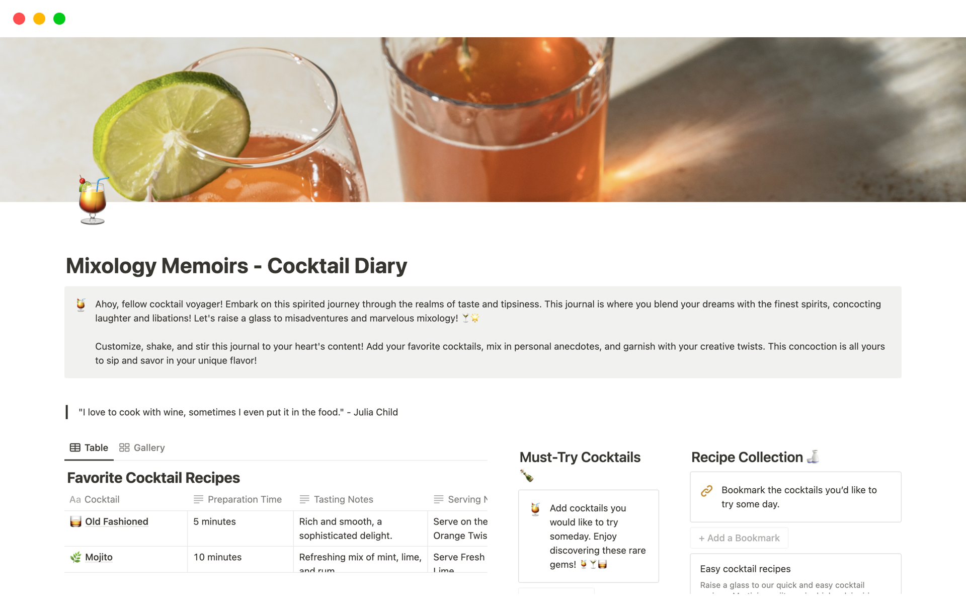 Elevate your mixology game with our Cocktail Diary Notion Template: Organize, explore, and create cocktails like a pro. A must-have canvas for sips, swirls, and spirits! 🍹📔