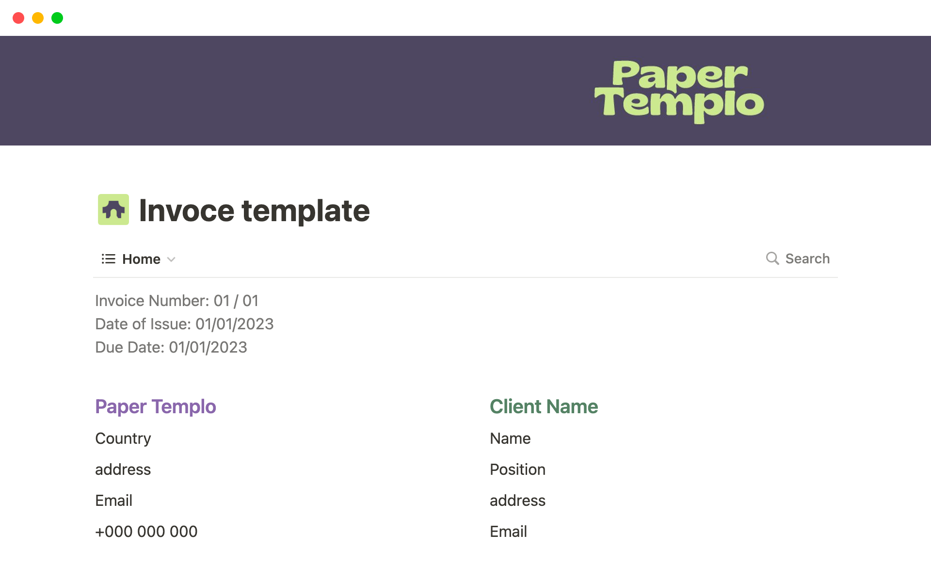 A template preview for Invoice template