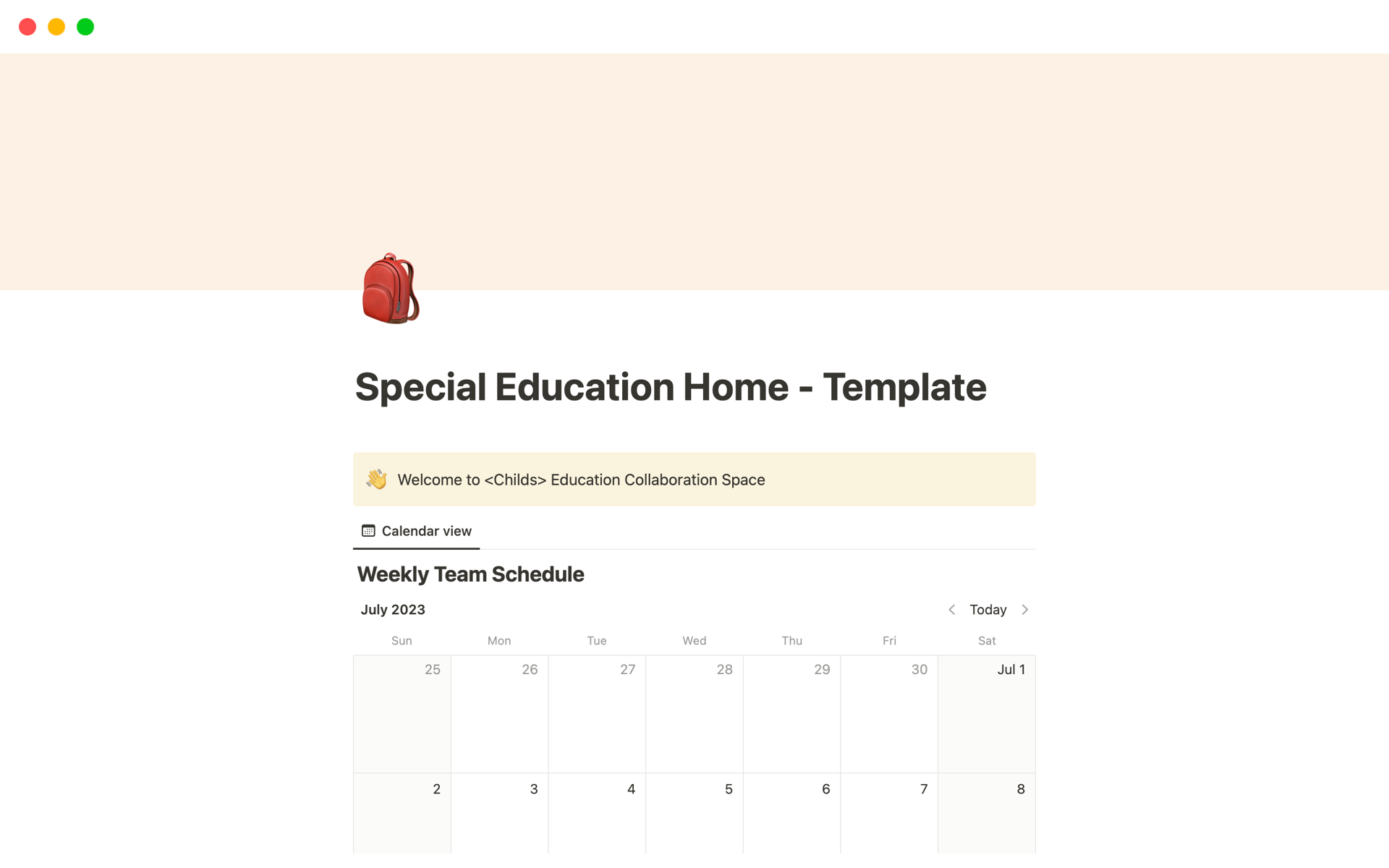 A template preview for Special Education Home - Template 