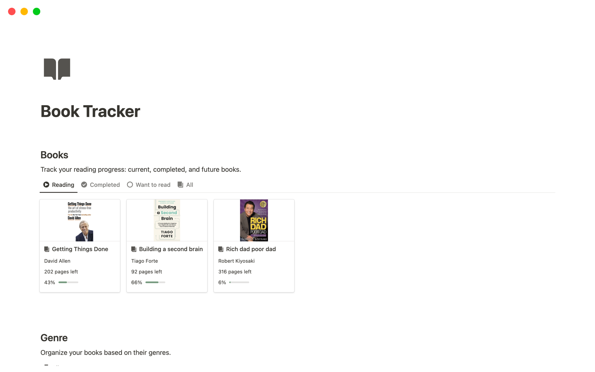 Keep your reading journey organized and inspiring with our book tracker, capable of logging progress, noting inspiring quotes, and sorting reads by genre.