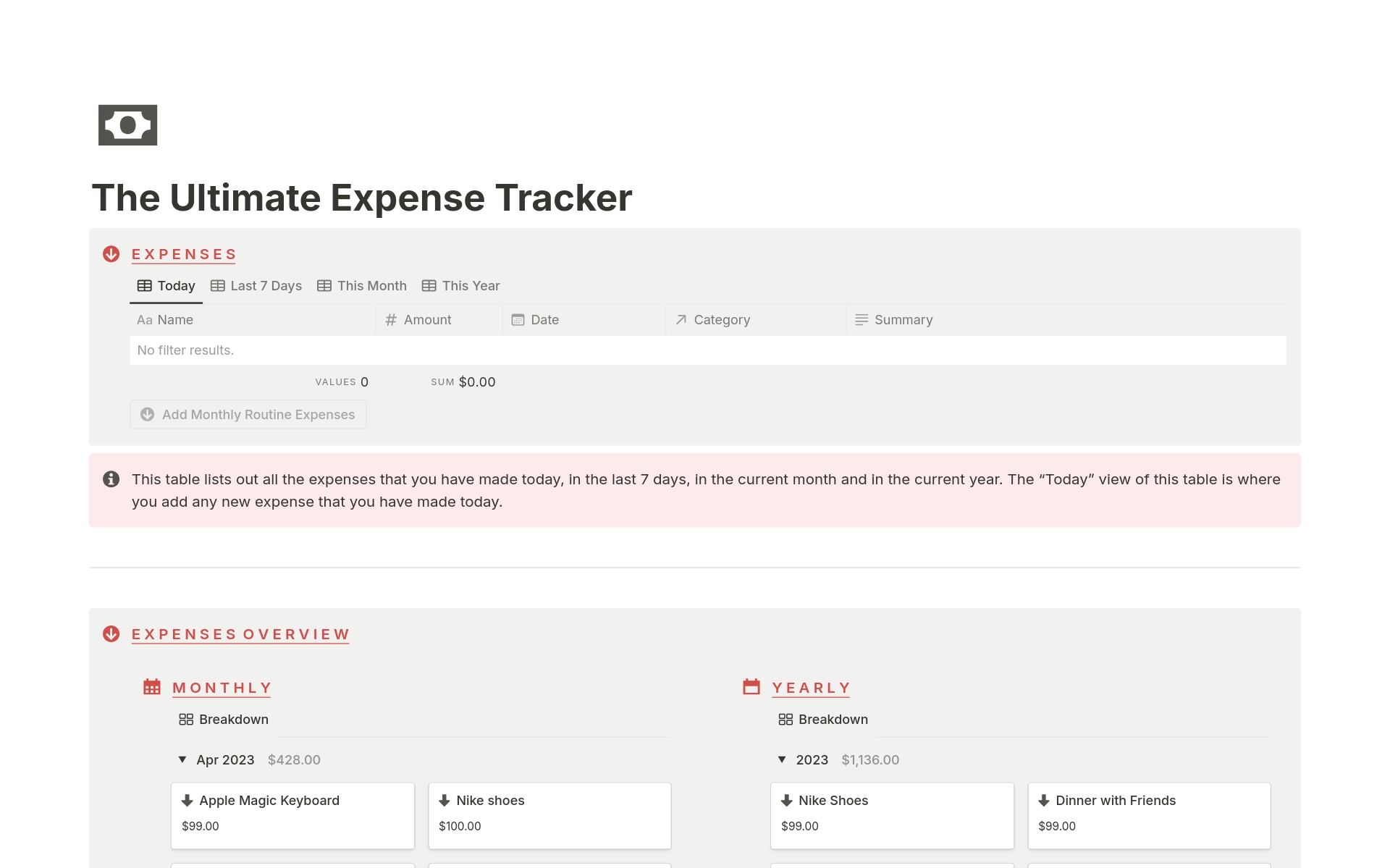 En forhåndsvisning av mal for The Ultimate Expense Tracker