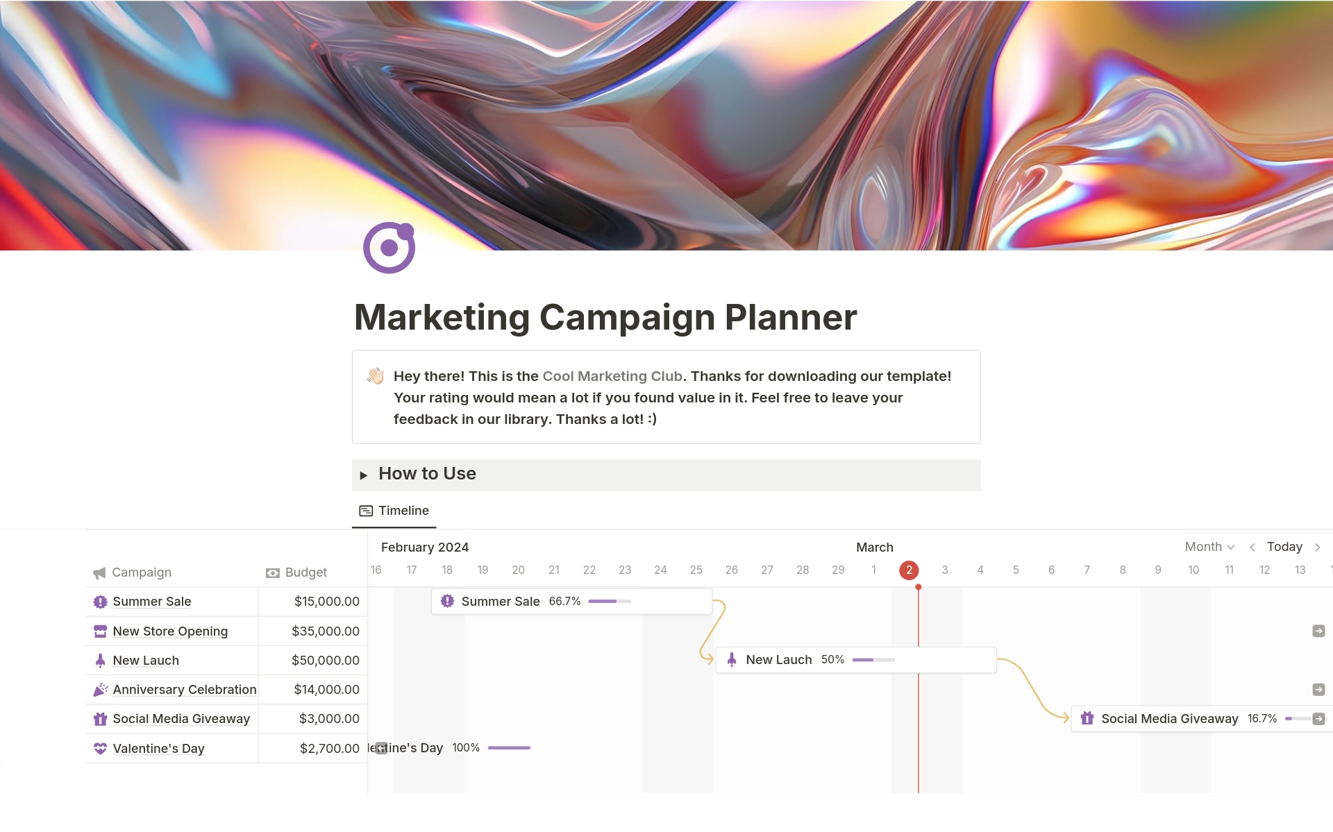 En förhandsgranskning av mallen för Marketing Campaign Planner