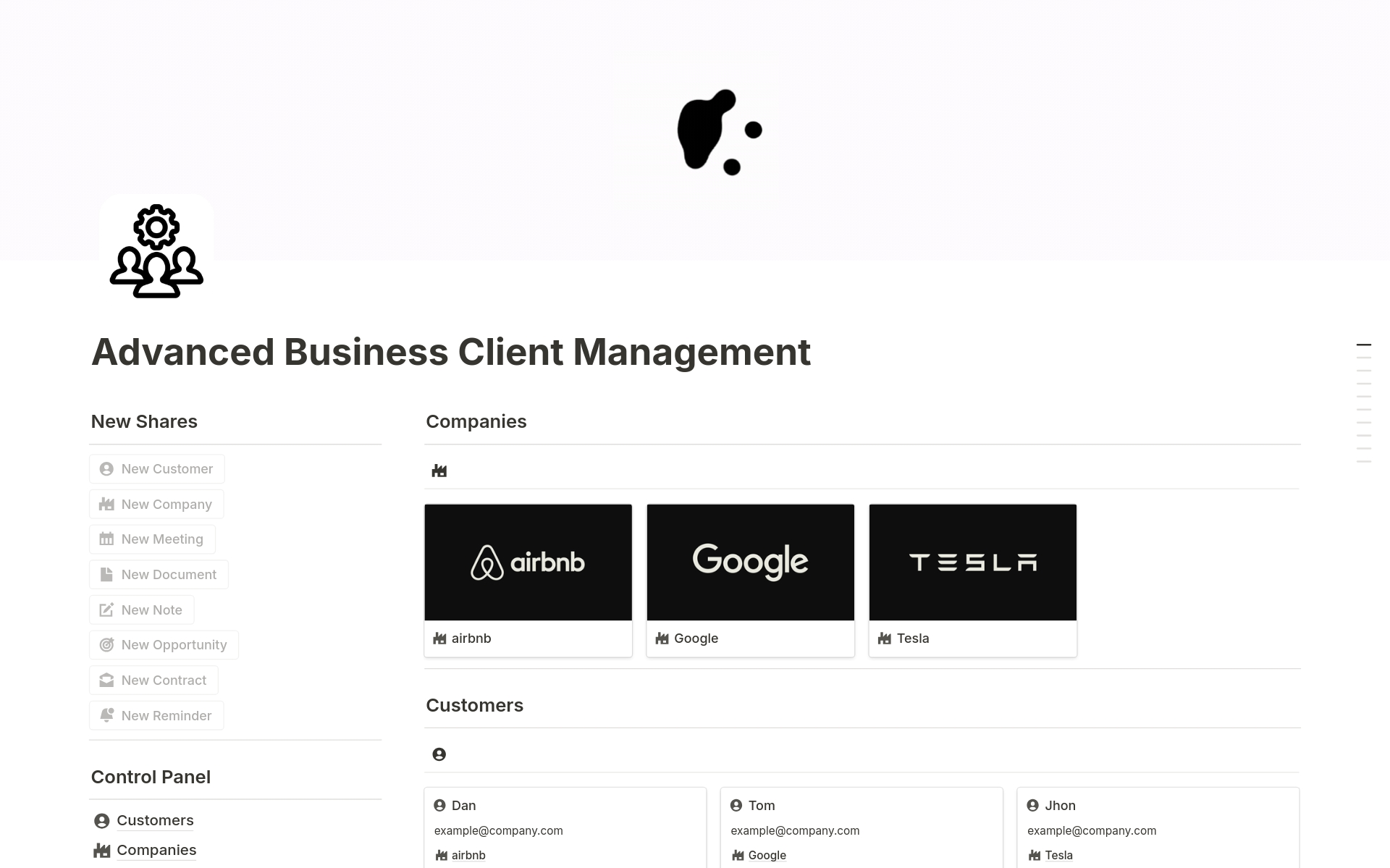 Vista previa de una plantilla para Advanced Business Client Management