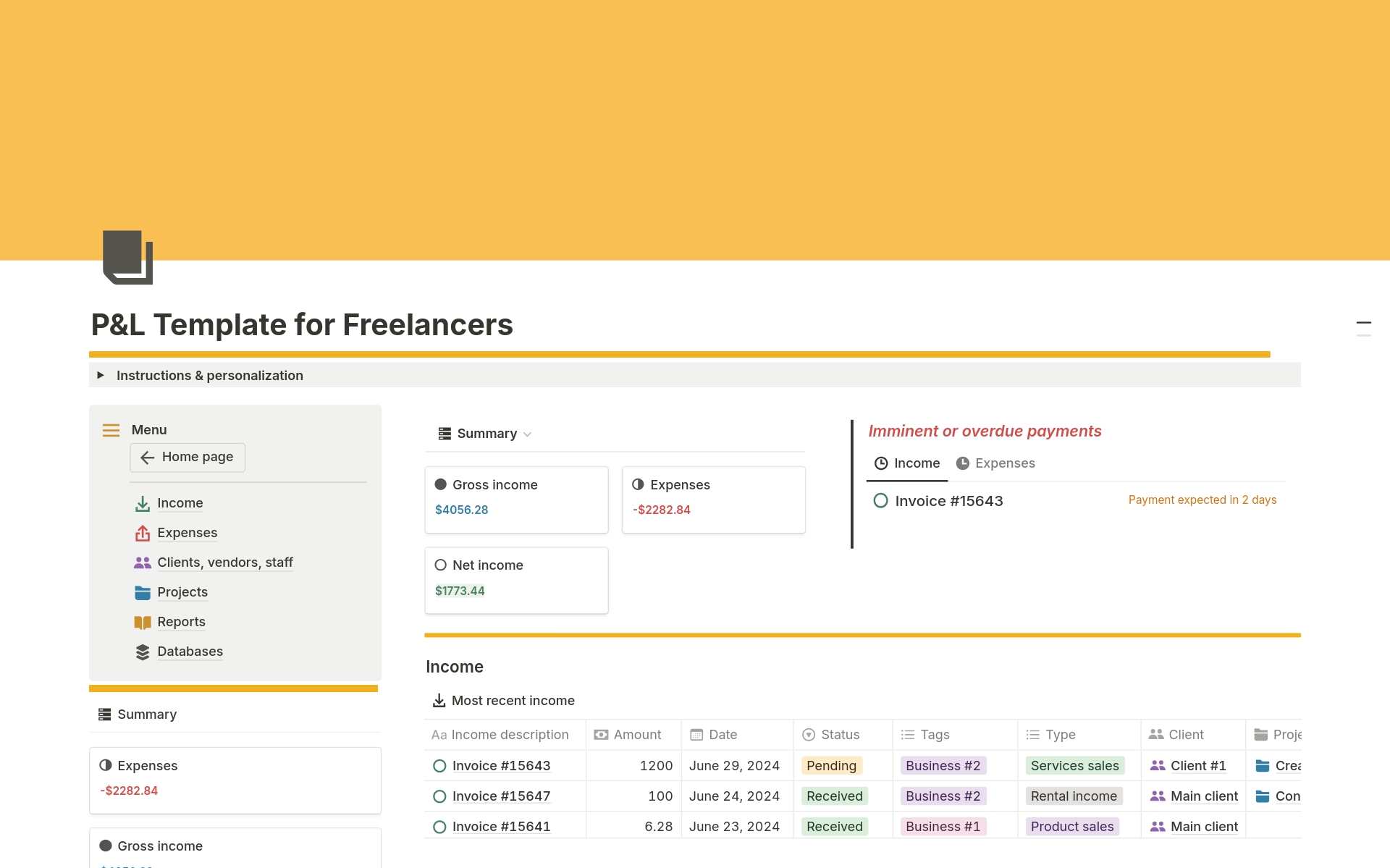 Vista previa de una plantilla para Ultimate P&L Tracker for Freelancers