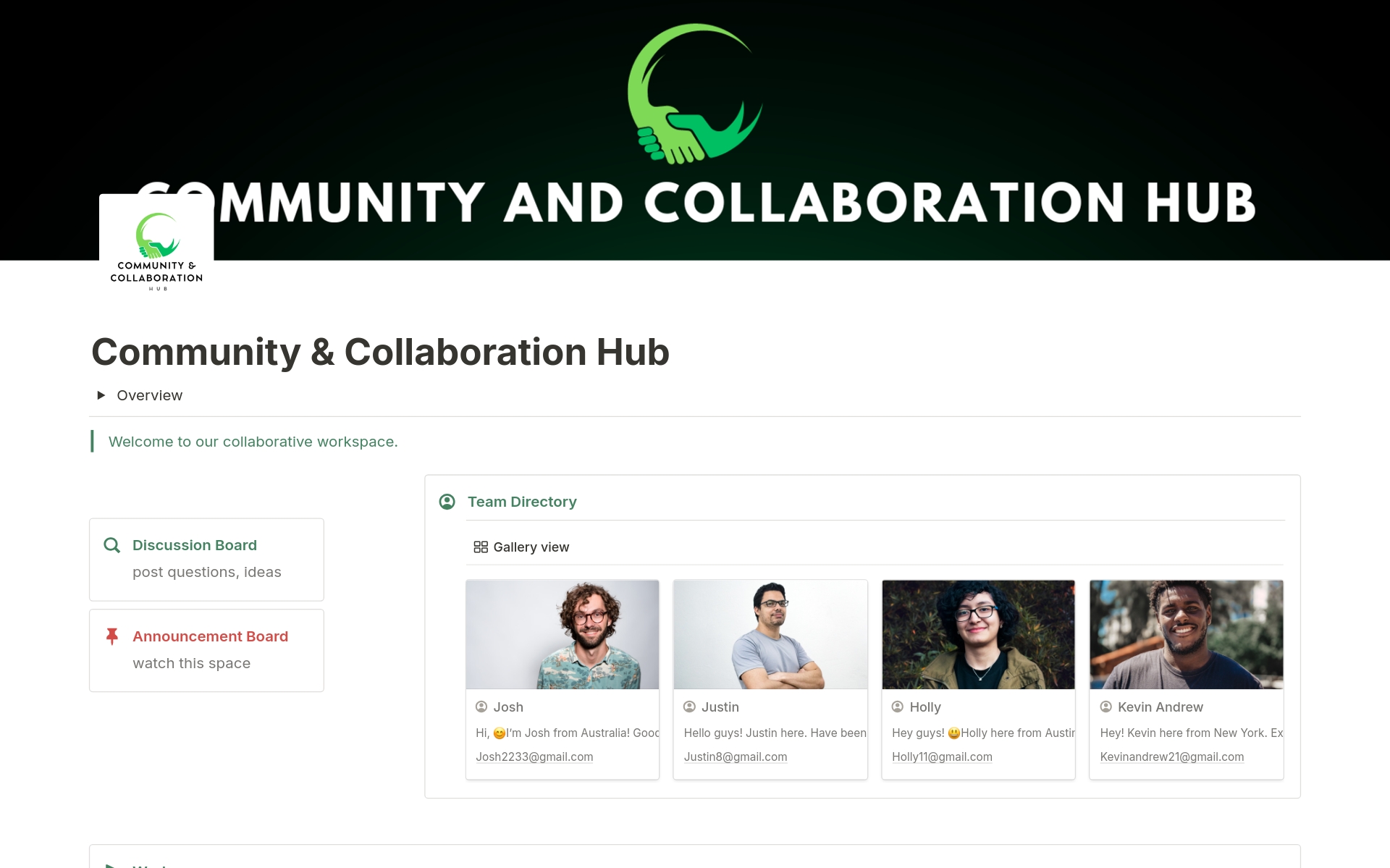 Vista previa de una plantilla para Community & Collaboration Hub