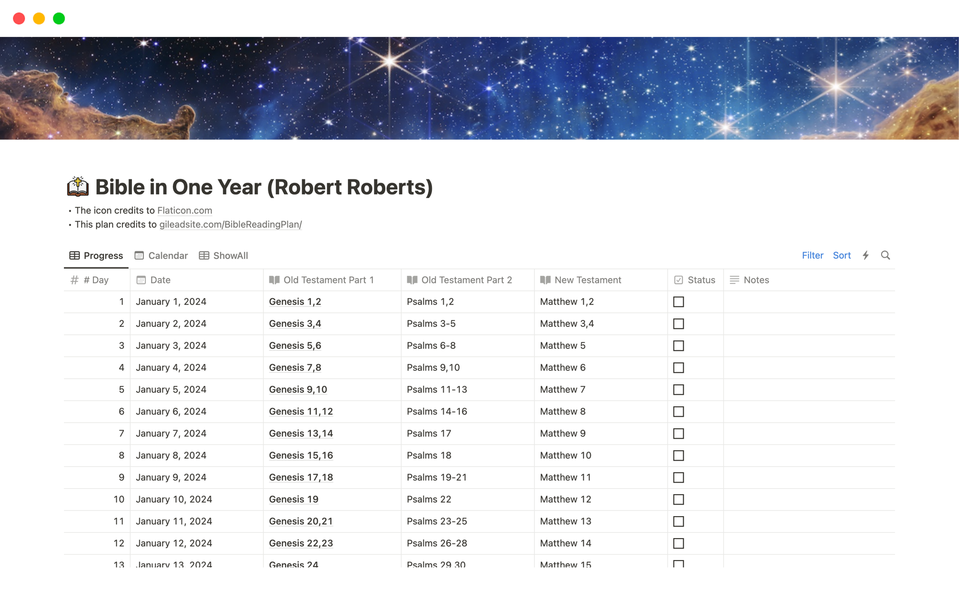 En förhandsgranskning av mallen för Bible in One Year (Robert Roberts)
