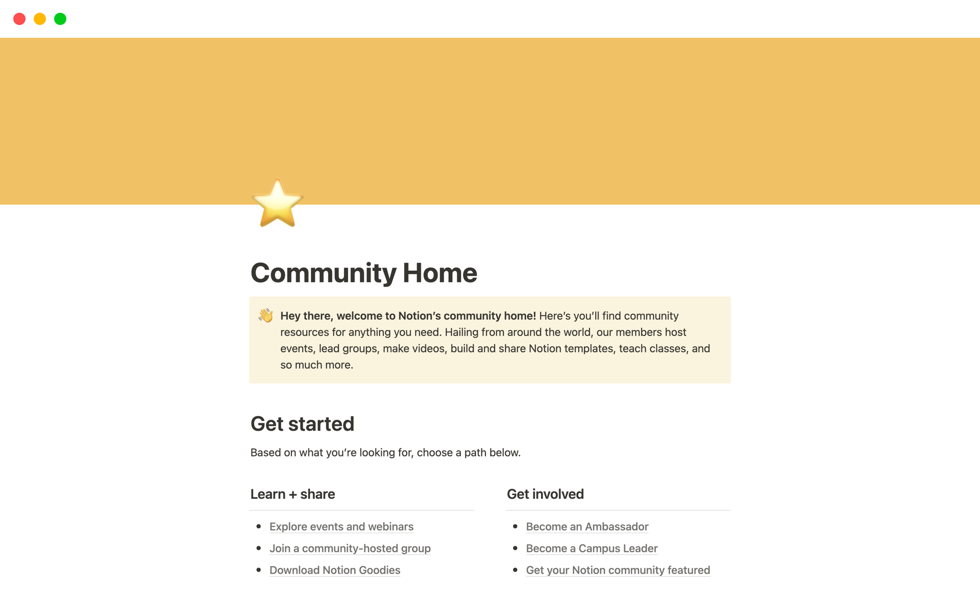 En förhandsgranskning av mallen för Notion’s community home