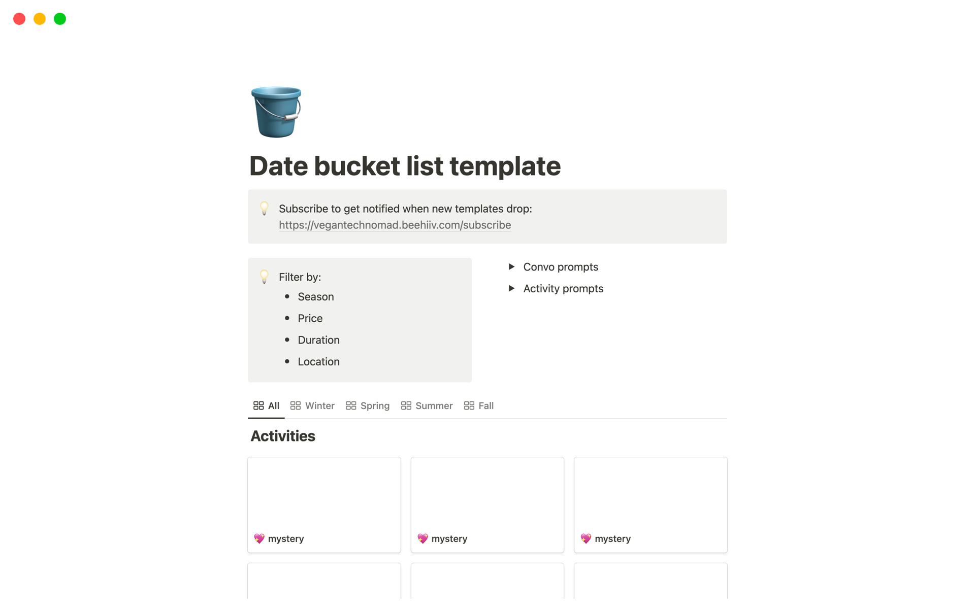 En förhandsgranskning av mallen för Date bucket list