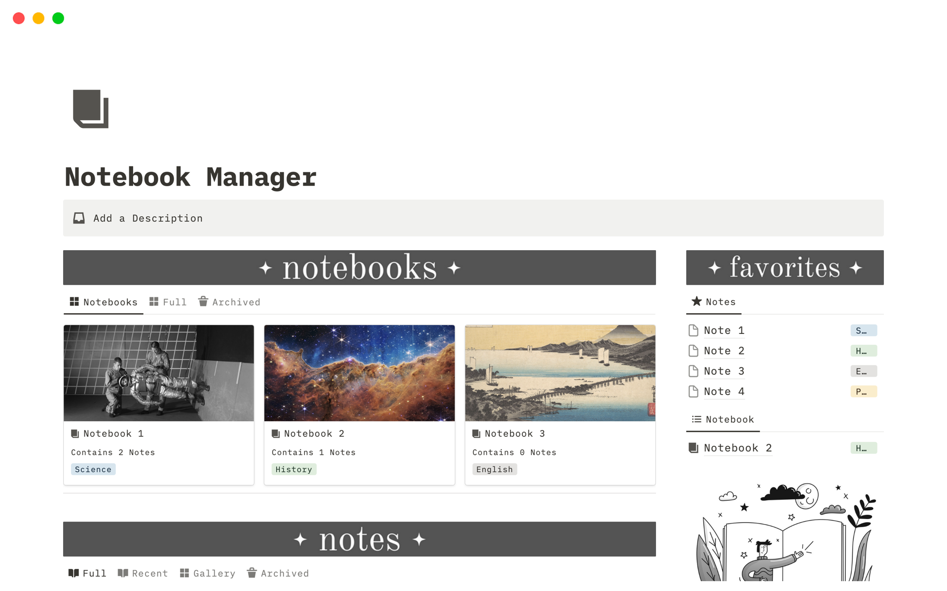 Notebook Manager provides you with an easy-to-use template for organizing and managing your Notes in Notion.