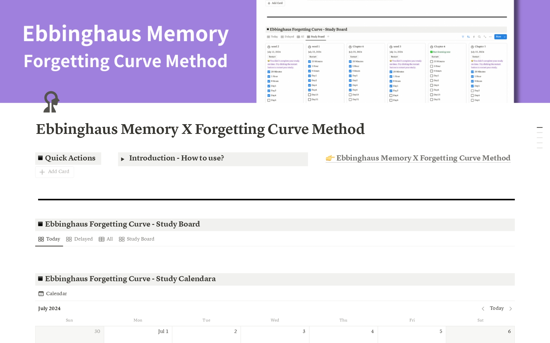 This template is designed to help you use the Ebbinghaus memory forgetting curve method for efficient learning and review. It includes multiple views and features to ensure that your study tasks are systematically managed and effectively executed.