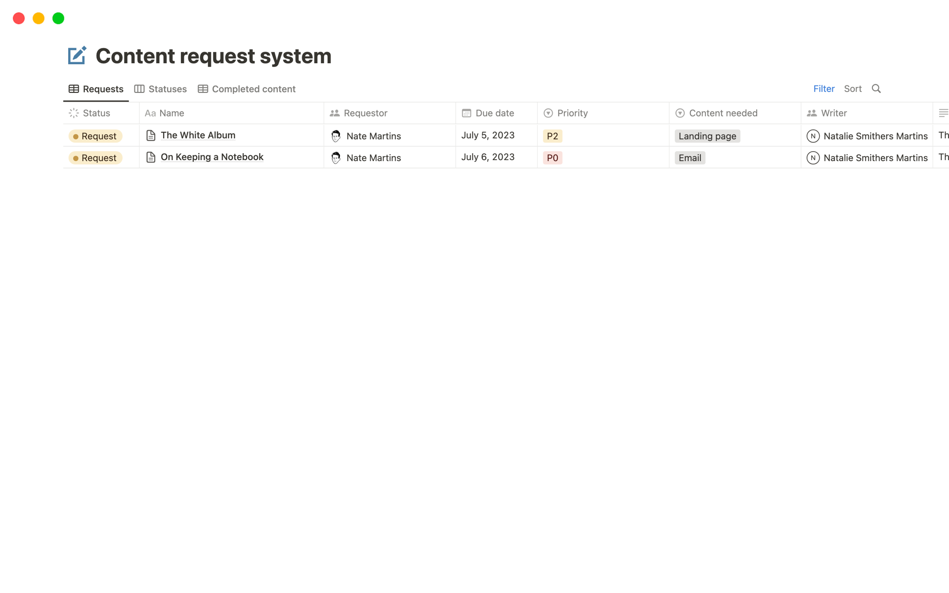 Vista previa de plantilla para Content request system