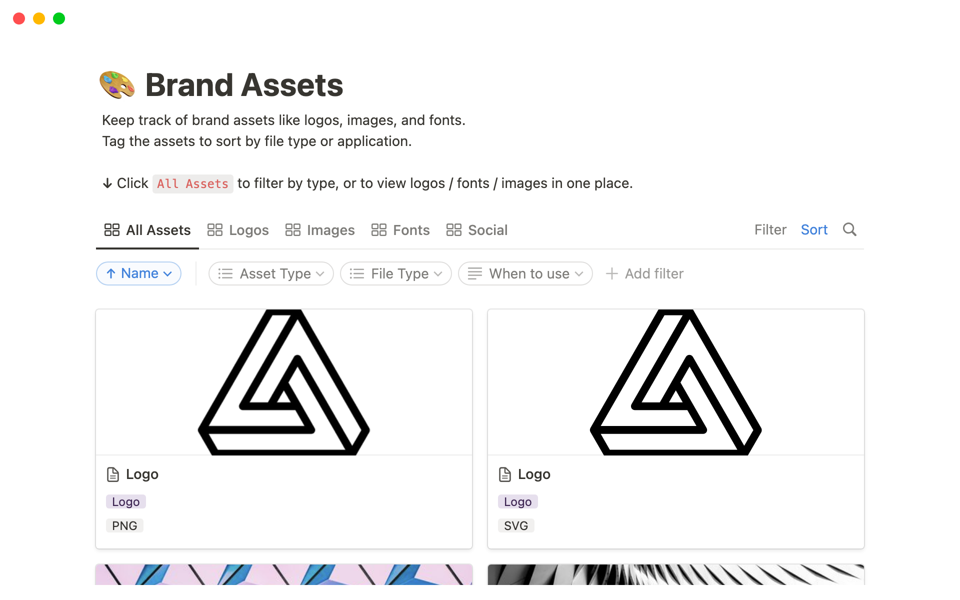 Keep track of brand assets like logos, images, and fonts.