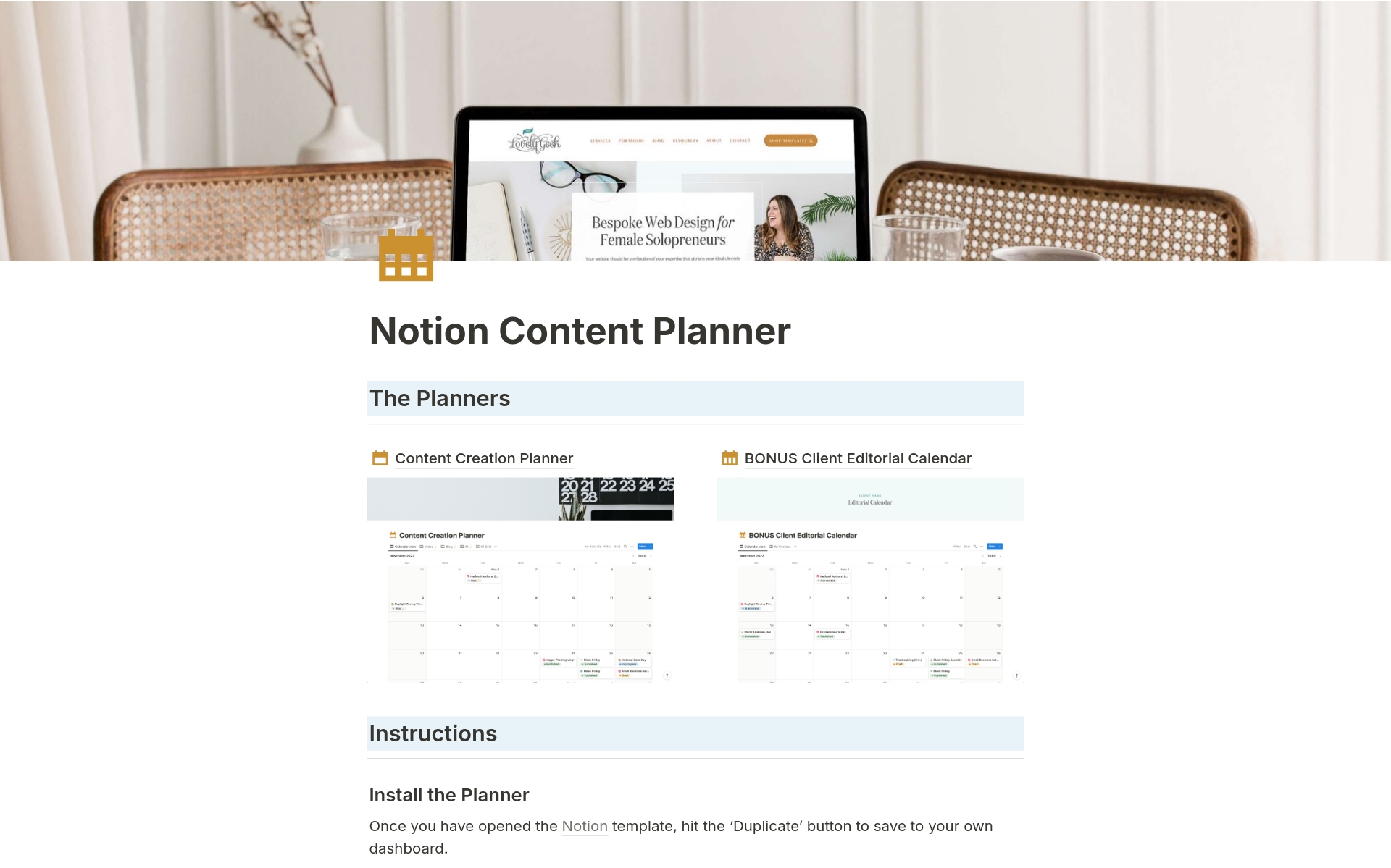 Eine Vorlagenvorschau für Content Creation Planner