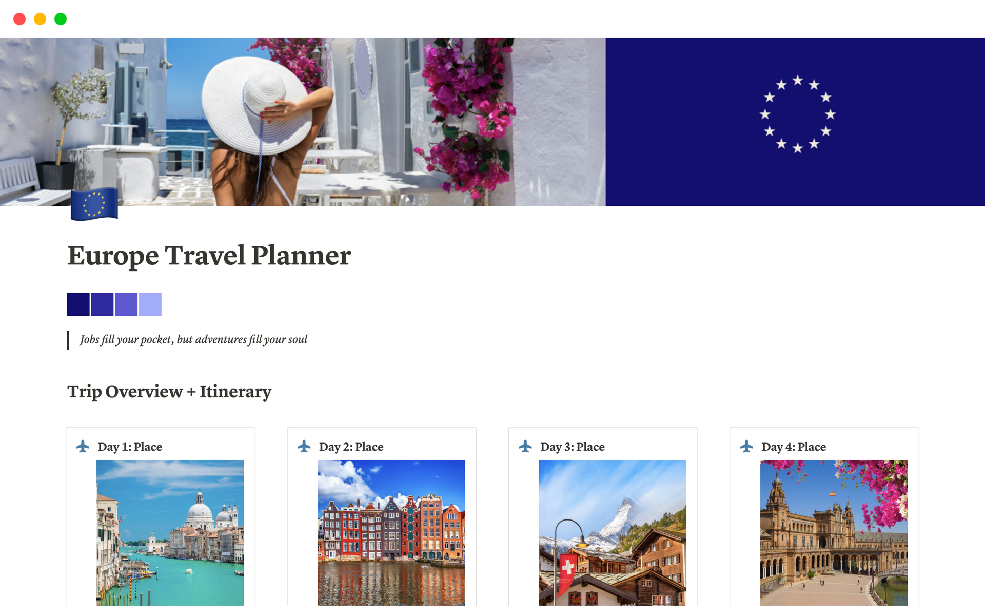 Features Include: Trip Overview + Itinerary, Emergency Contacts, Calendar, Packing List, Recreation (Activities and Attractions, Restaurants and Dining, Meet Ups, Local Language, Shopping), Budget + Expense, Accomodation Details, Eurail Planner Transportation Details