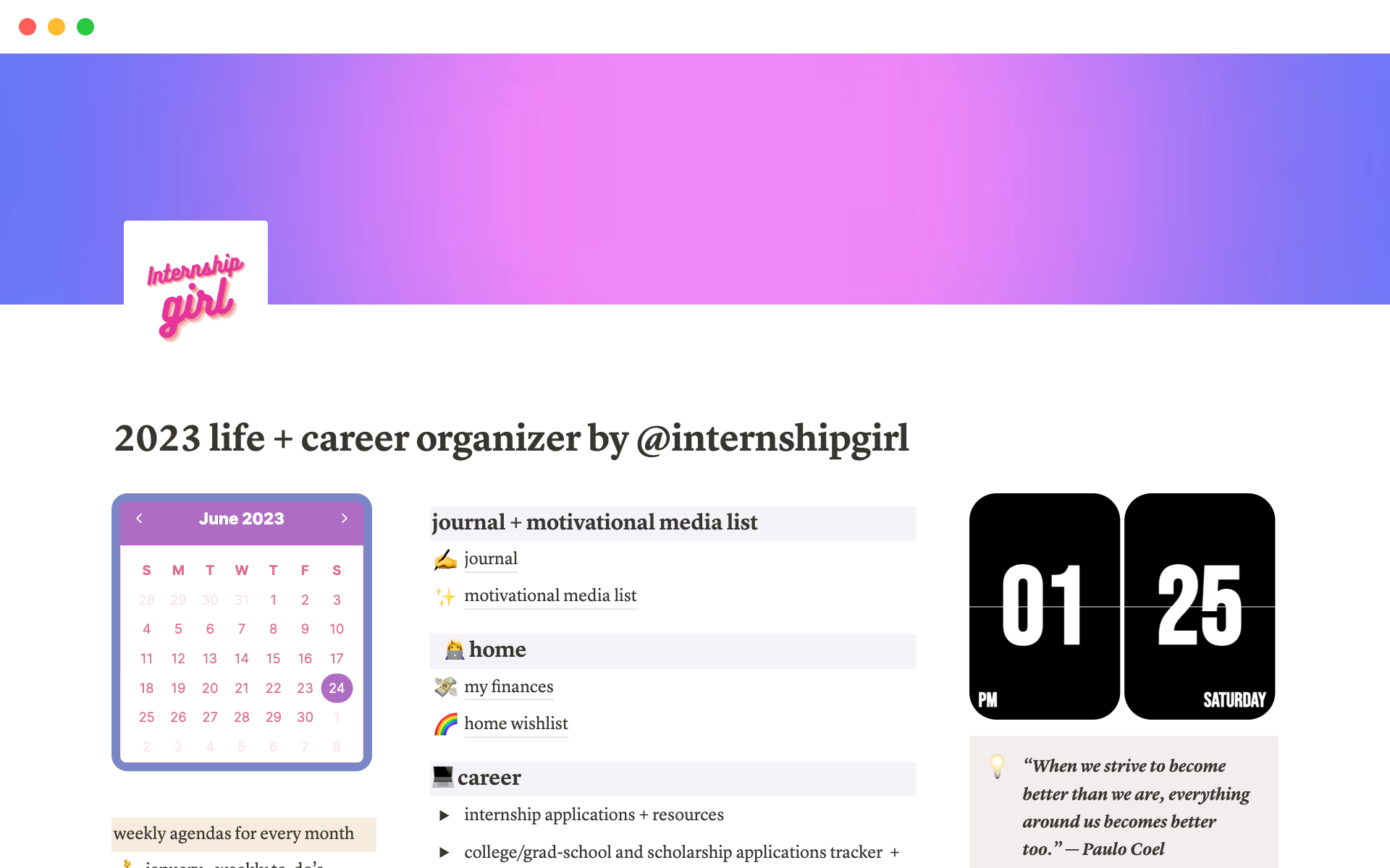 A template preview for 2023 life + career organizer by @internshipgirl