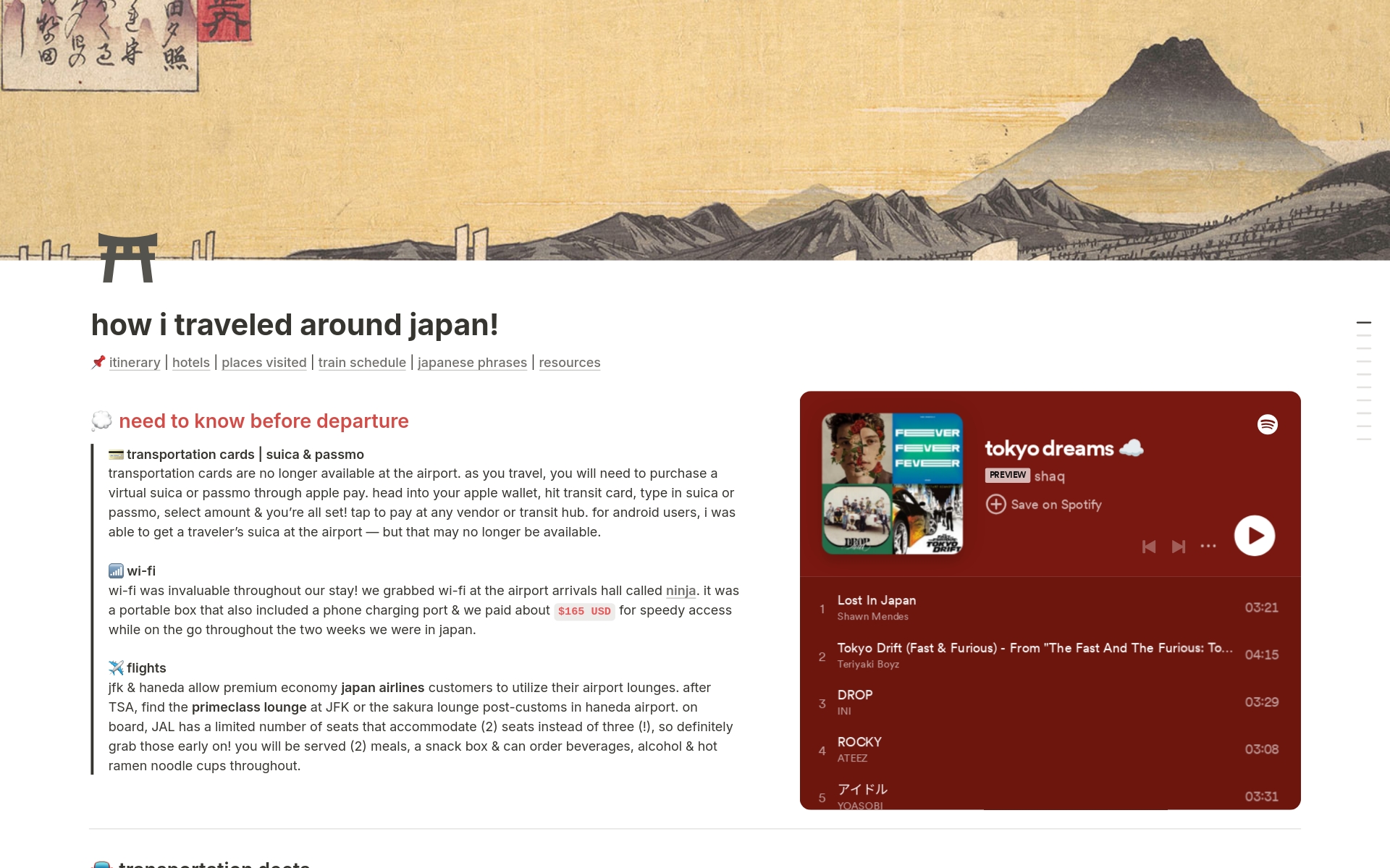 travel guide with route, points of interest, tips, hotel, transportation and more to take you on my first japanese adventure!