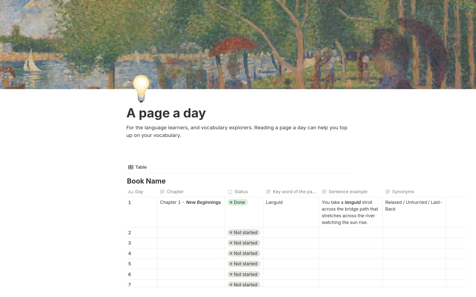 Vista previa de una plantilla para A page a day