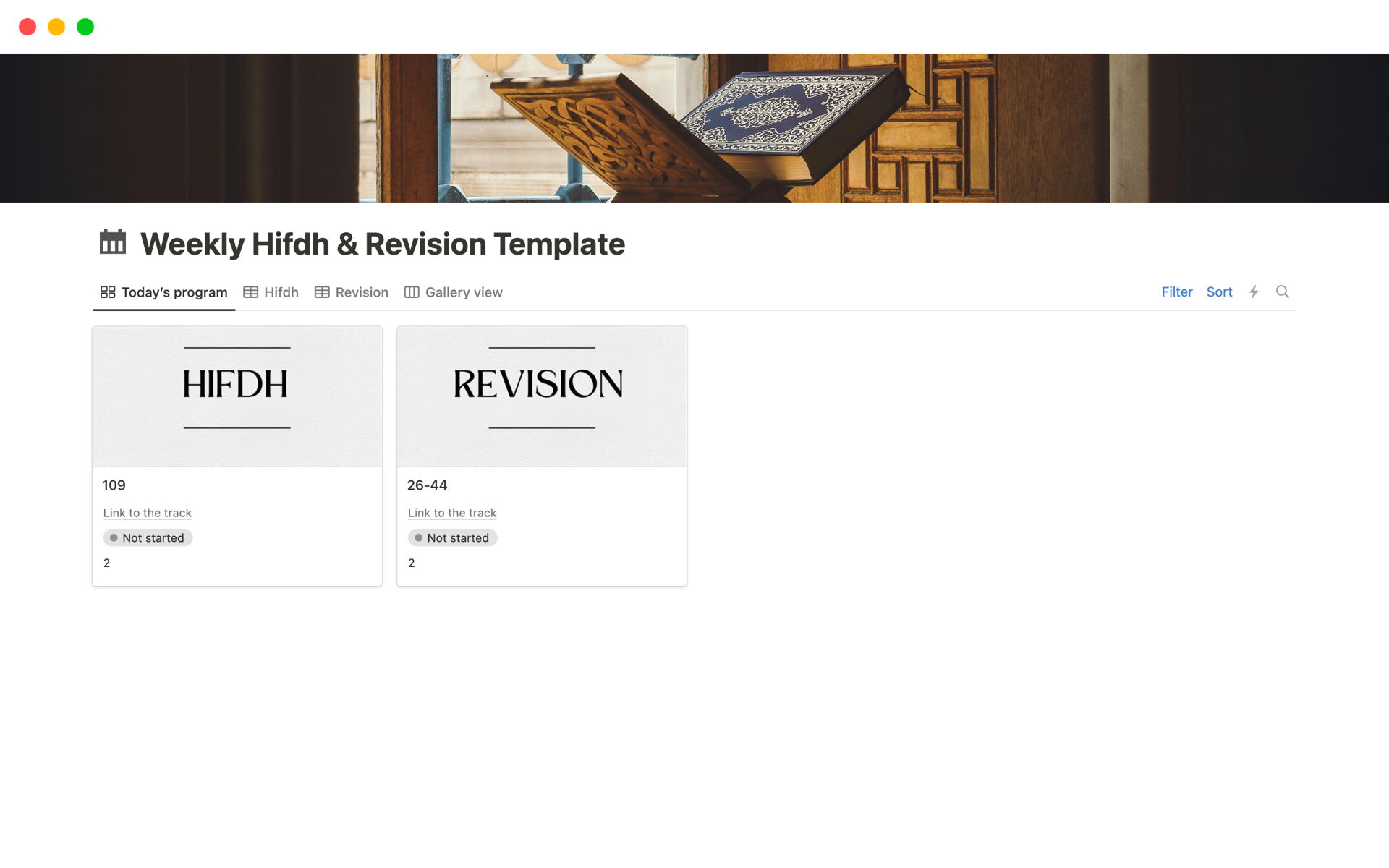 En forhåndsvisning av mal for Weekly Quran Hifdh & Revision Planner