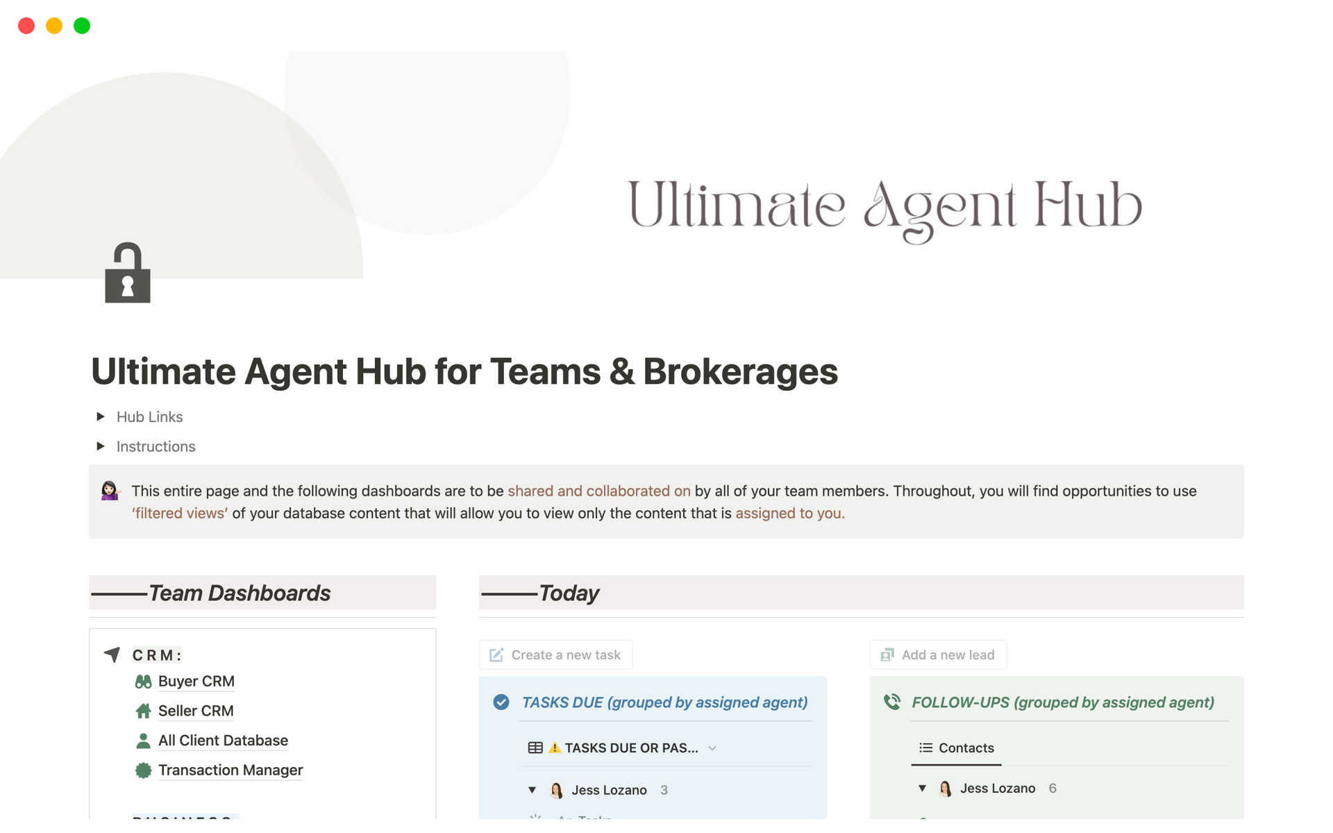 En forhåndsvisning av mal for Ultimate Real Estate Agent Hub for Teams/Brokerage