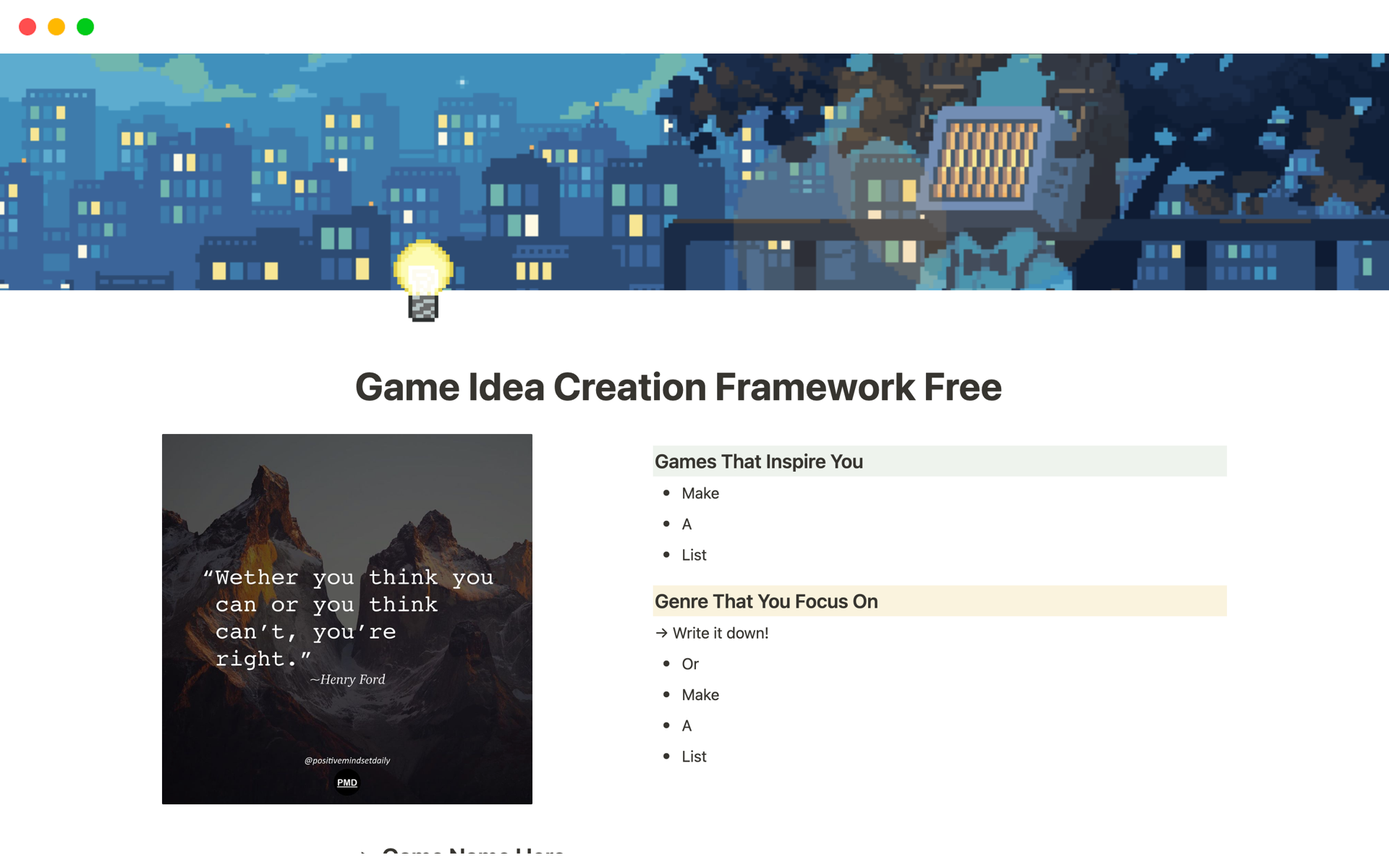 Vista previa de plantilla para Game Idea Creation Framework
