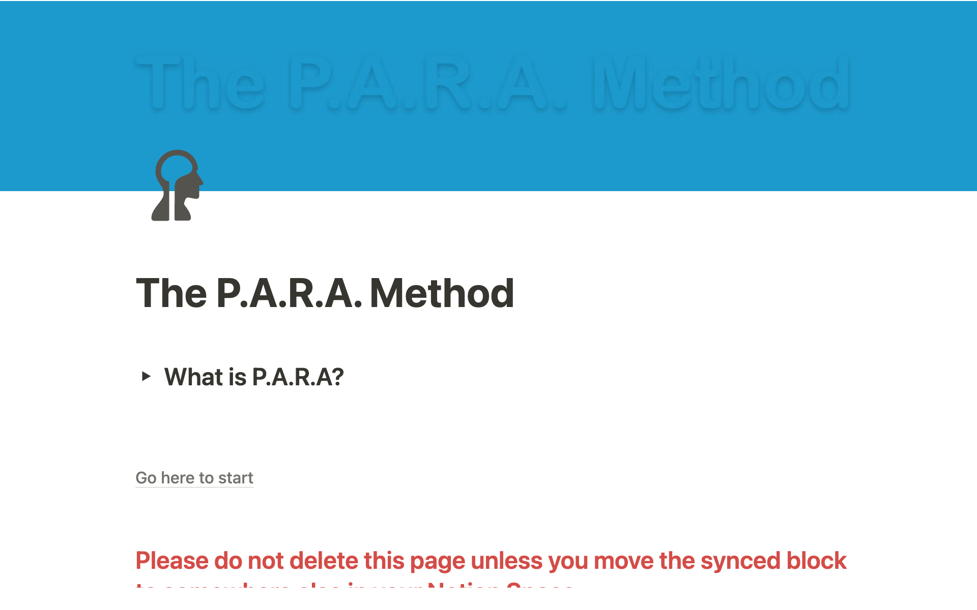 En forhåndsvisning av mal for PARA method notion template