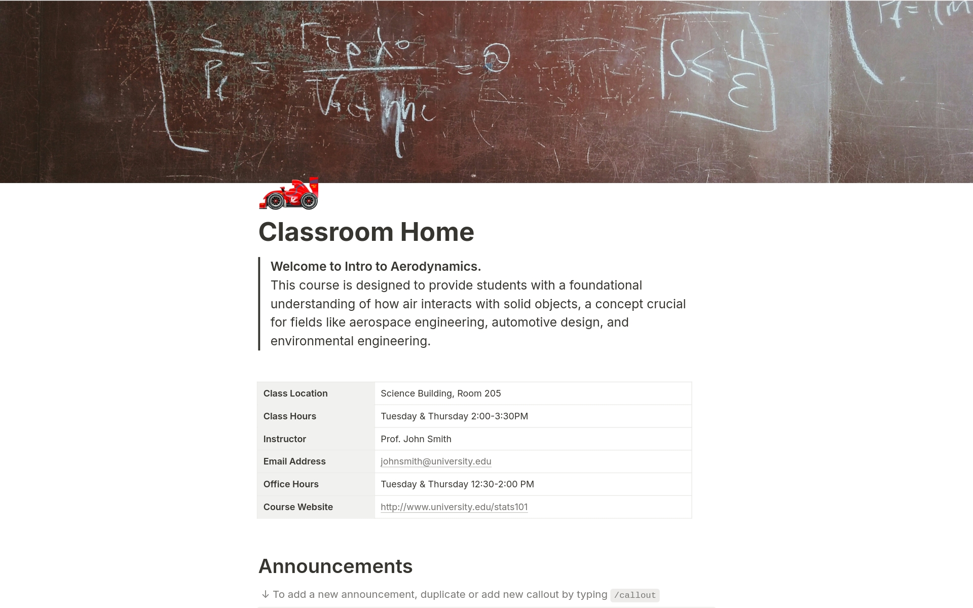 En forhåndsvisning av mal for Classroom home