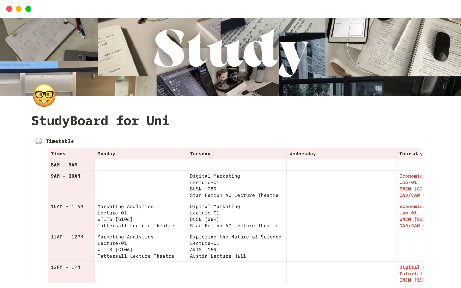 A template preview for StudyBoard for Uni