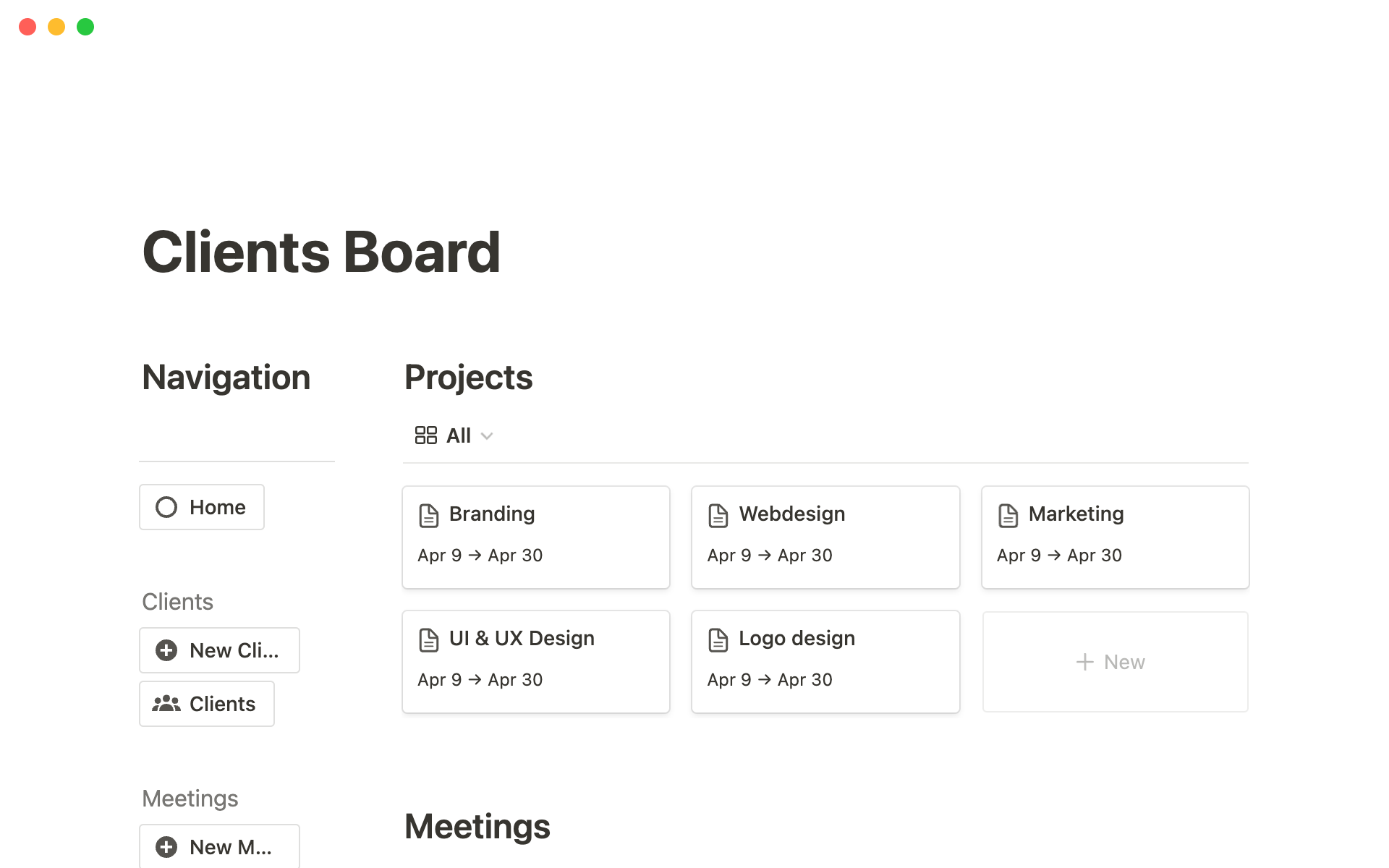 Vista previa de una plantilla para Clients & Projects Board