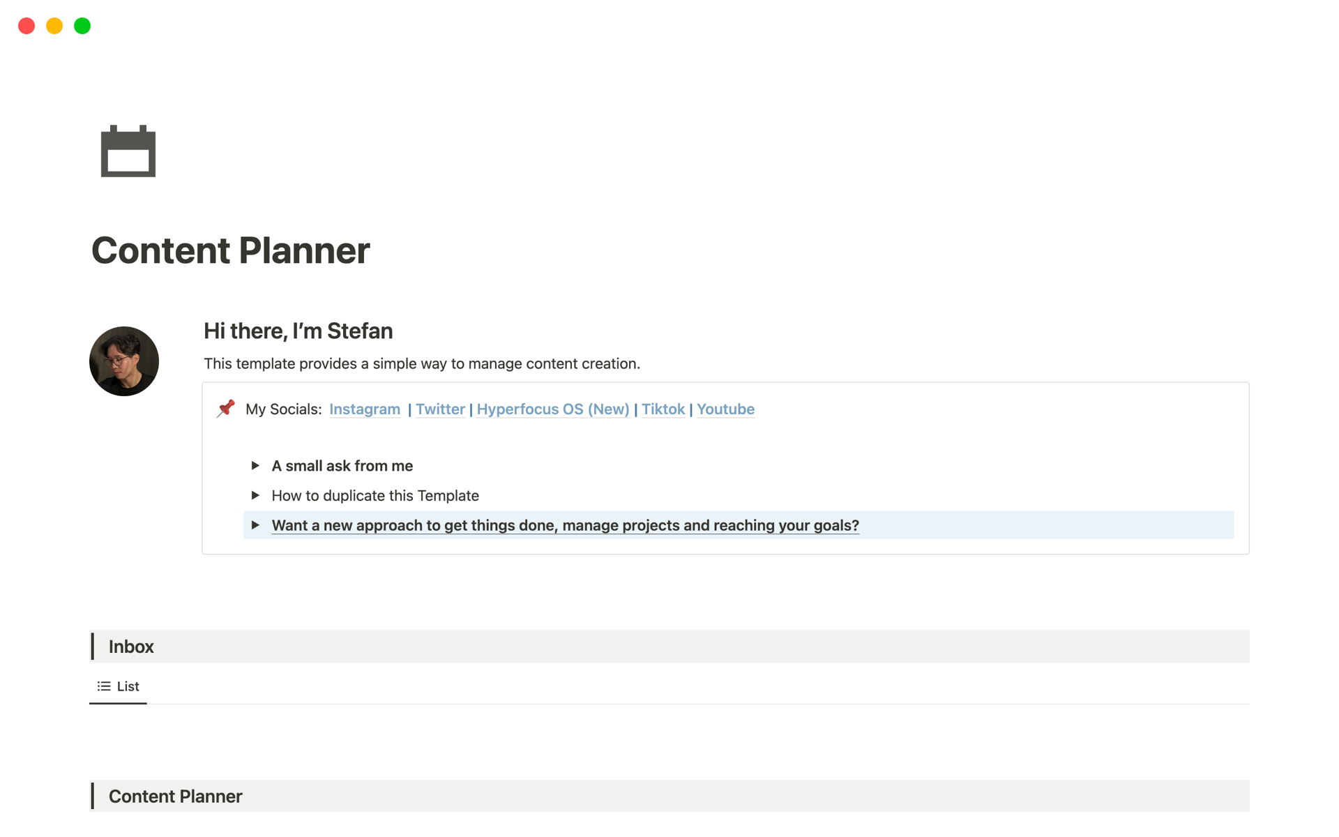 Vista previa de una plantilla para Content Planner