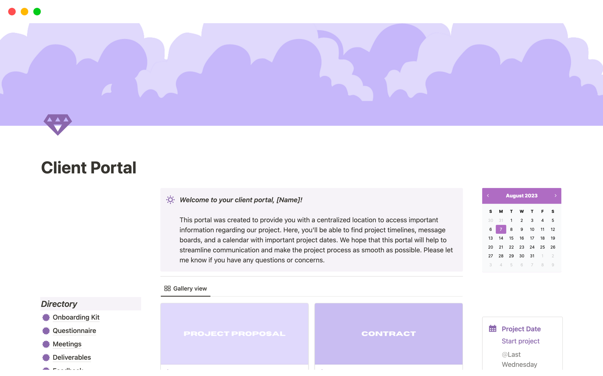 En forhåndsvisning av mal for Client Portal & Project Proposal Template