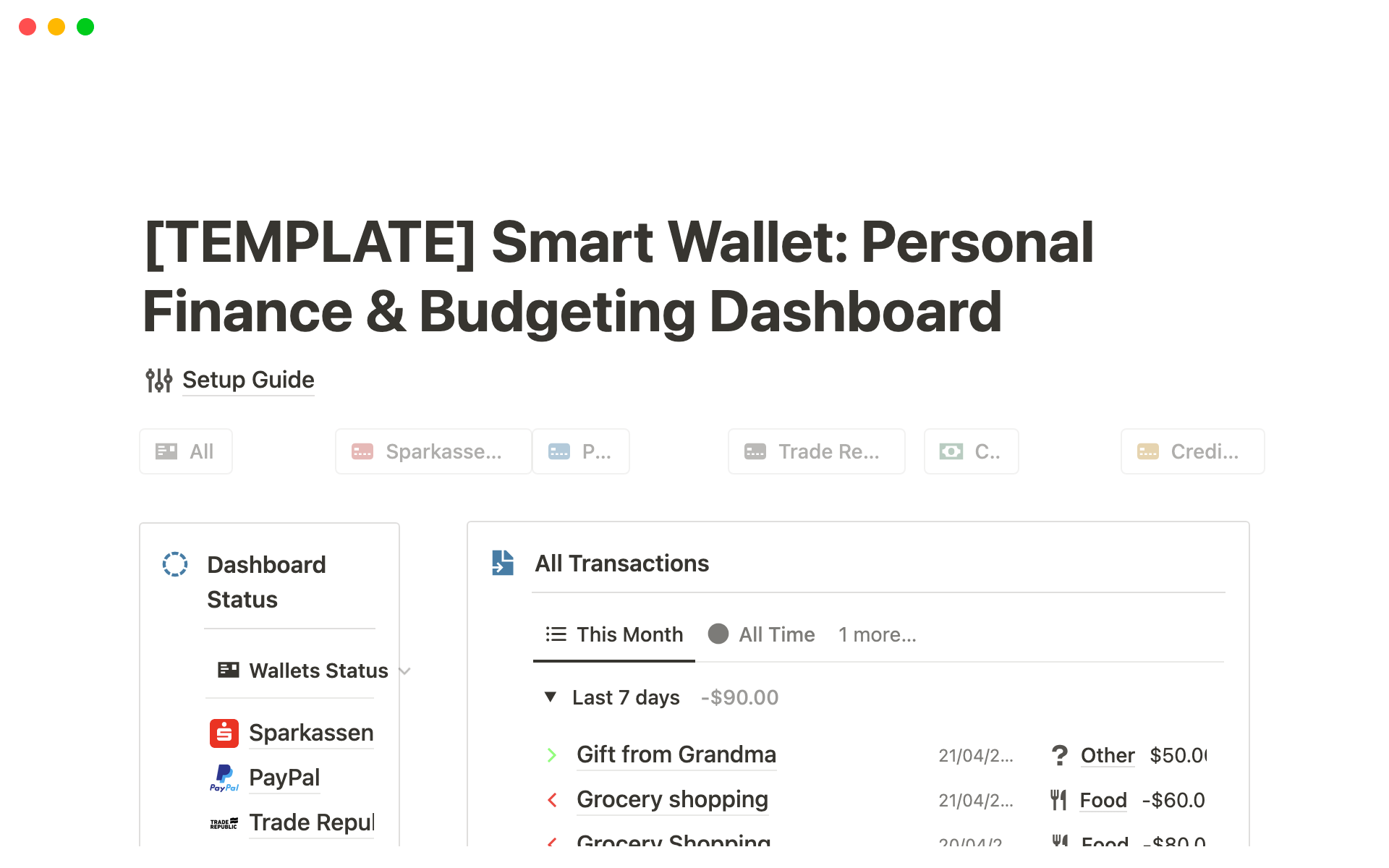 Mallin esikatselu nimelle Smart Wallet: Personal Finance & Budgeting Dashboard