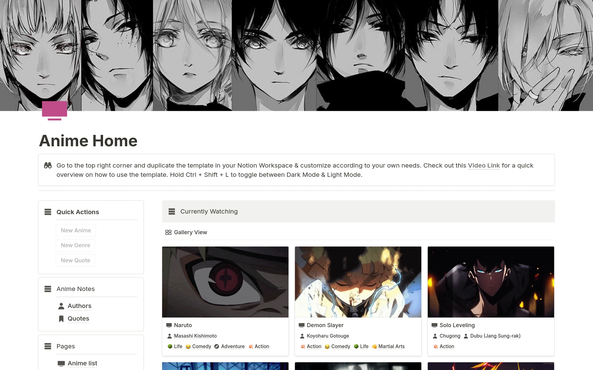 Welcome to your new Anime Home – the one-stop Notion template that turns your anime tracking into an art form! Whether you're a casual viewer or a die-hard otaku, this dashboard is designed to make managing your anime life both organized and fun.