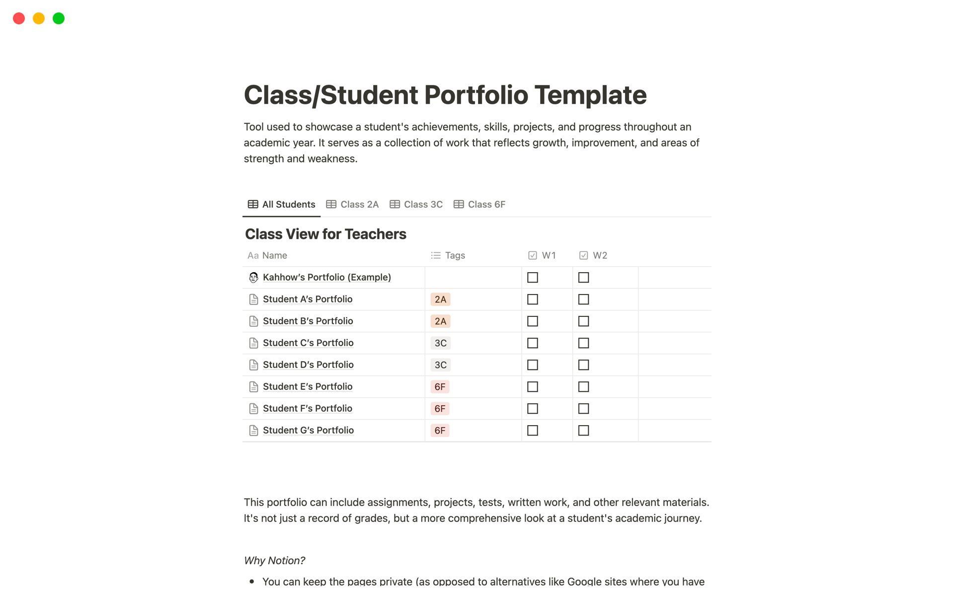En forhåndsvisning av mal for Class/ Student Portfolio