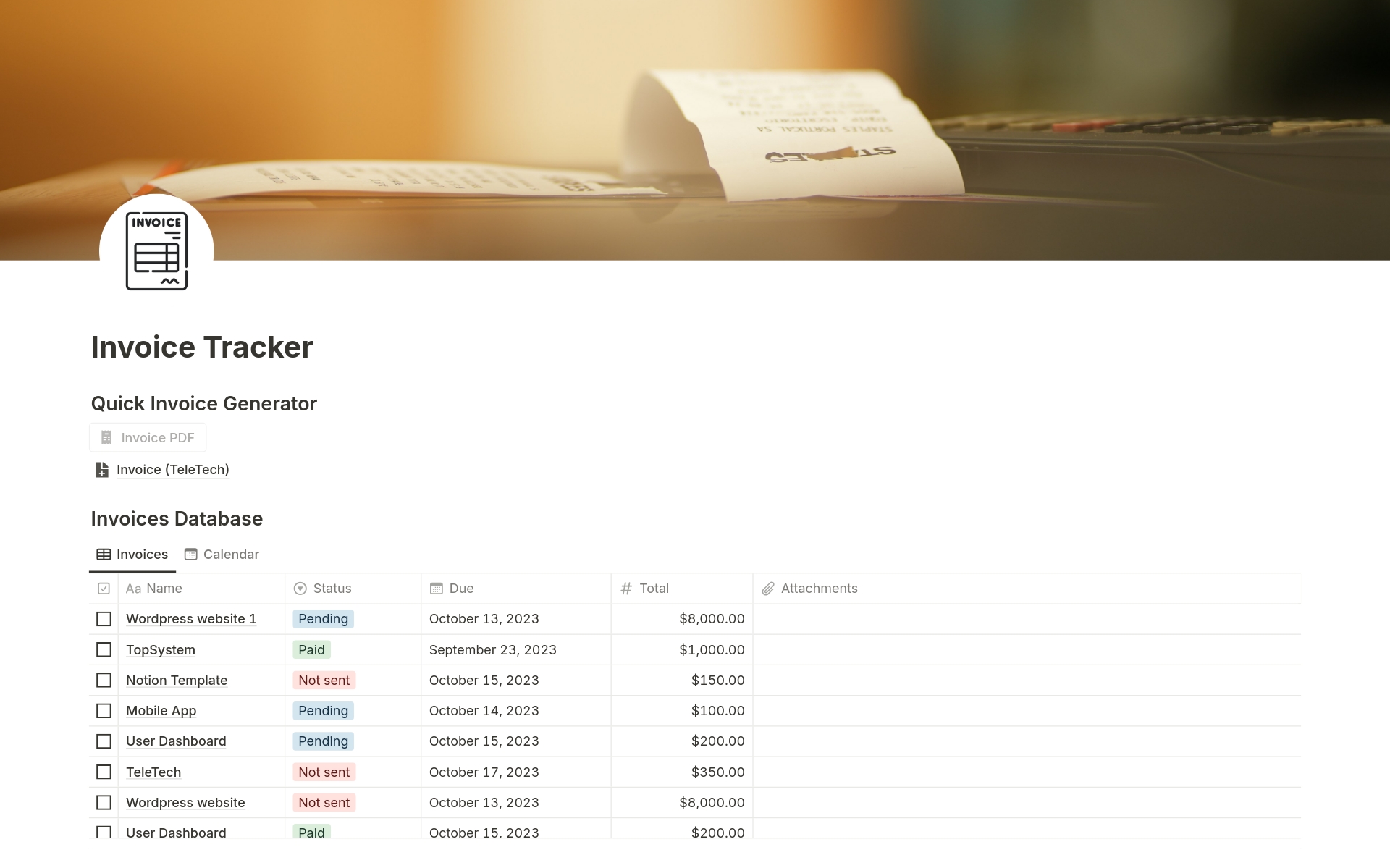 En förhandsgranskning av mallen för Invoice Tracker 