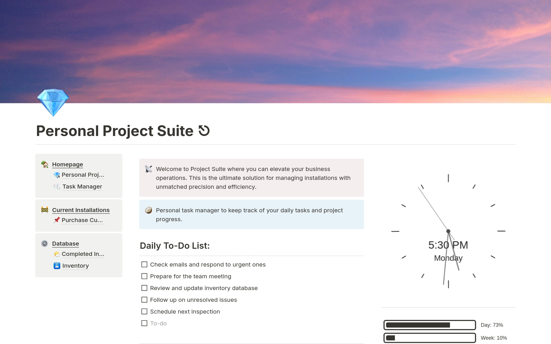 Eine Vorlagenvorschau für Personal Project Suite ⎋