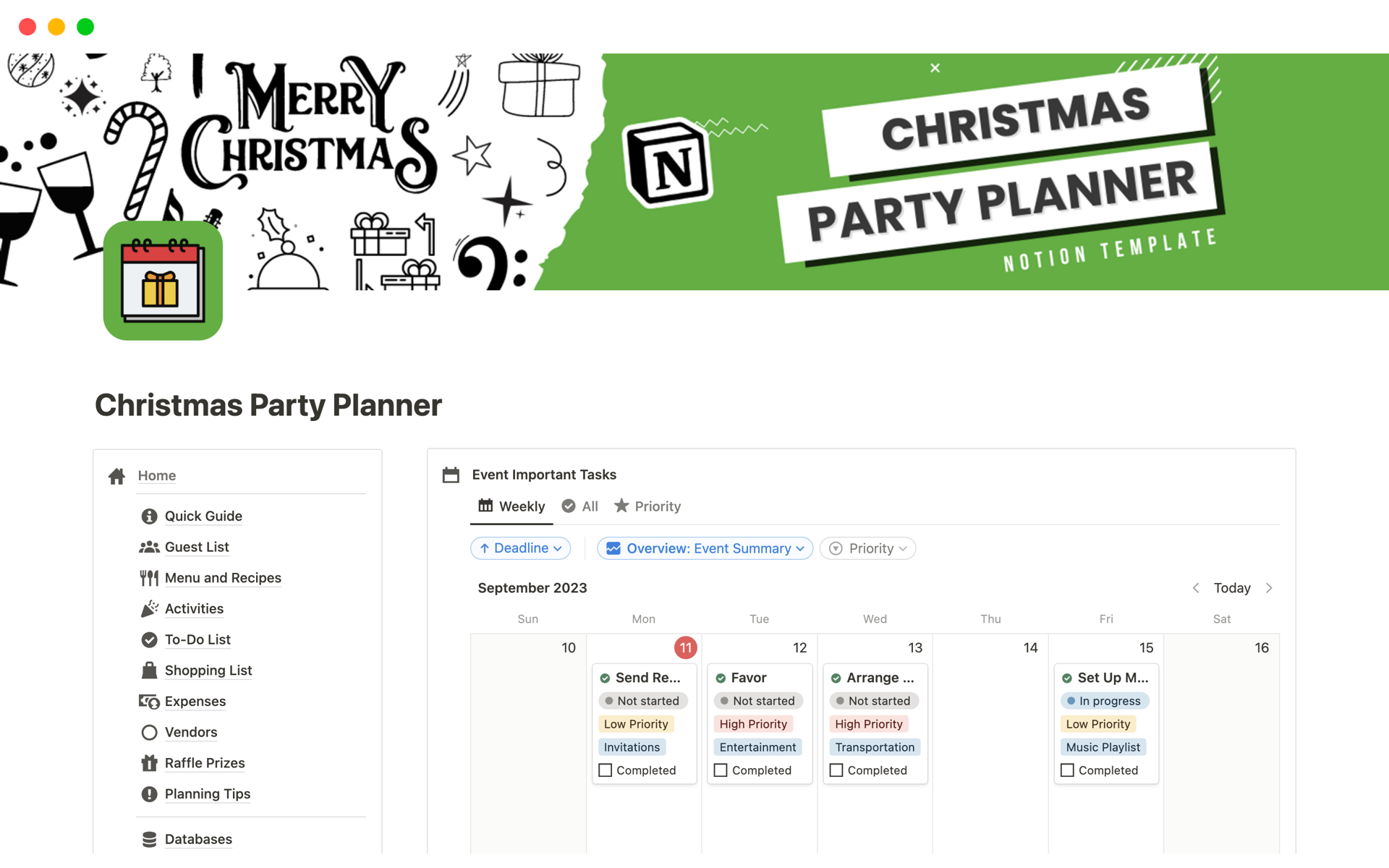En förhandsgranskning av mallen för Christmas Party Planner