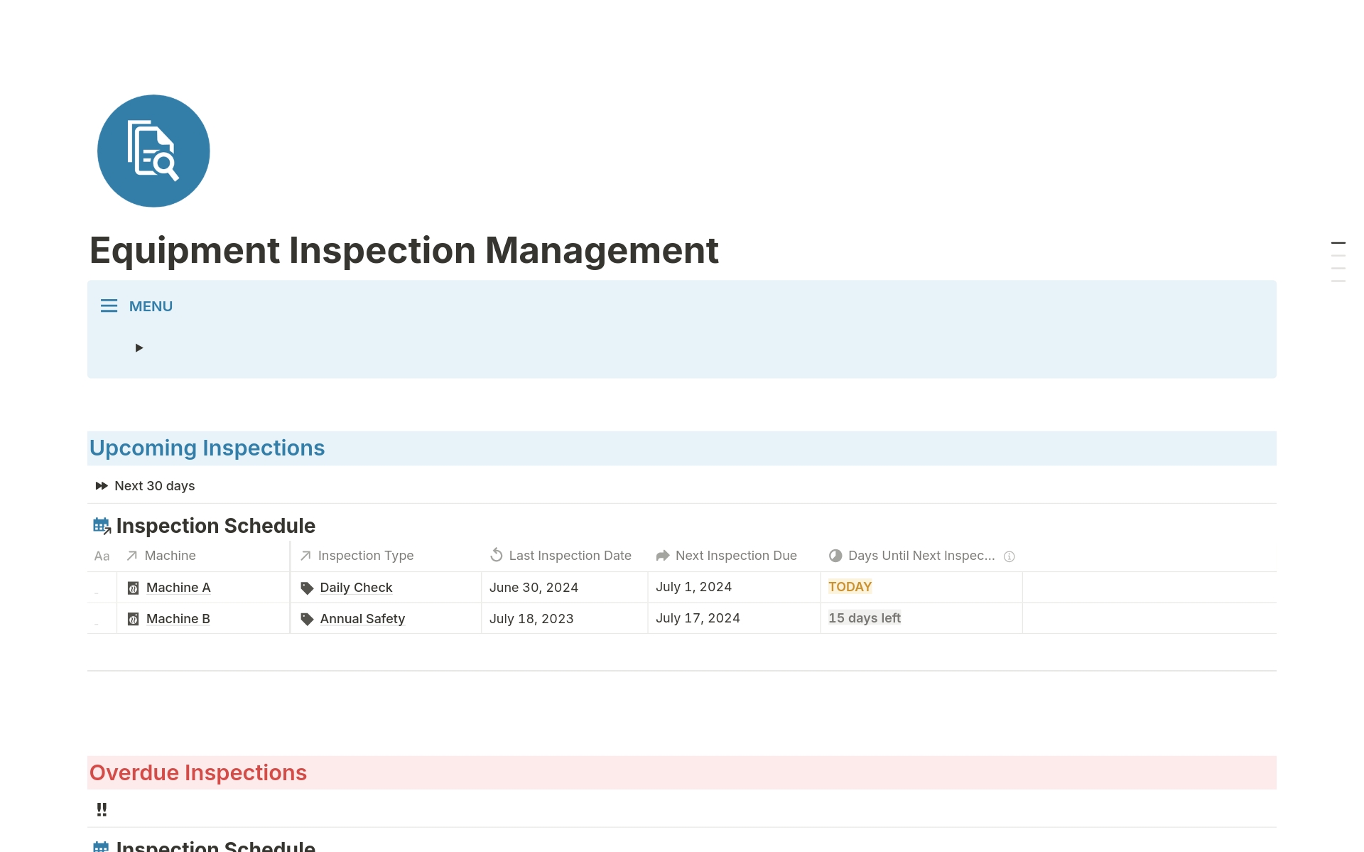 Maximize the efficiency and accuracy of your equipment inspections with this template. Designed to streamline the inspection process, this template provides a structured approach to managing machinery, scheduling inspections, and ensuring compliance with safety standards. 