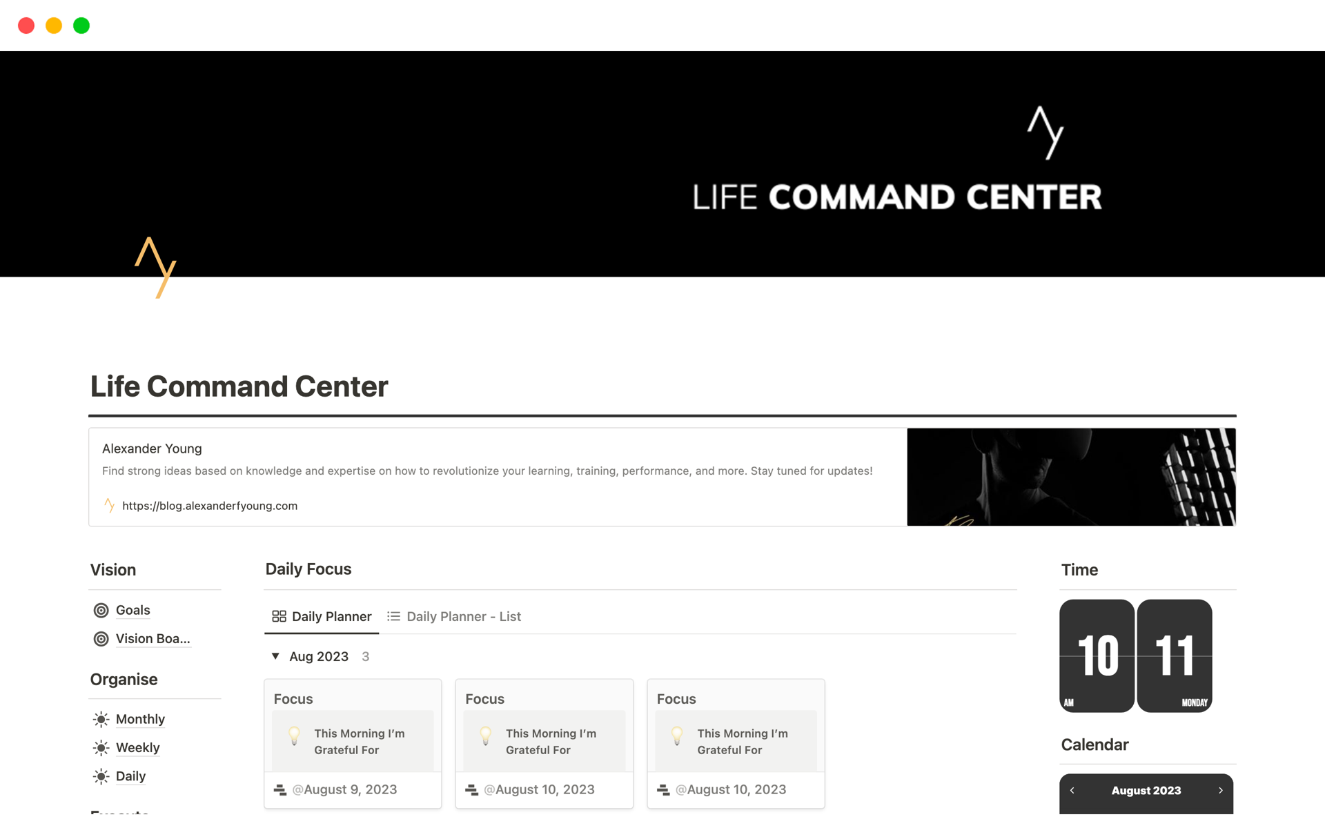 Eine Vorlagenvorschau für Life Command Center