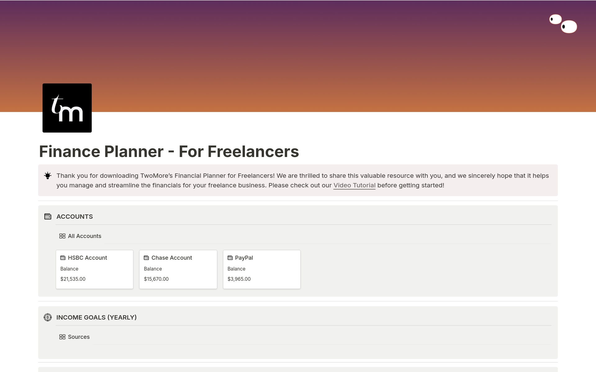 En forhåndsvisning av mal for Finance Planner - For Freelancers