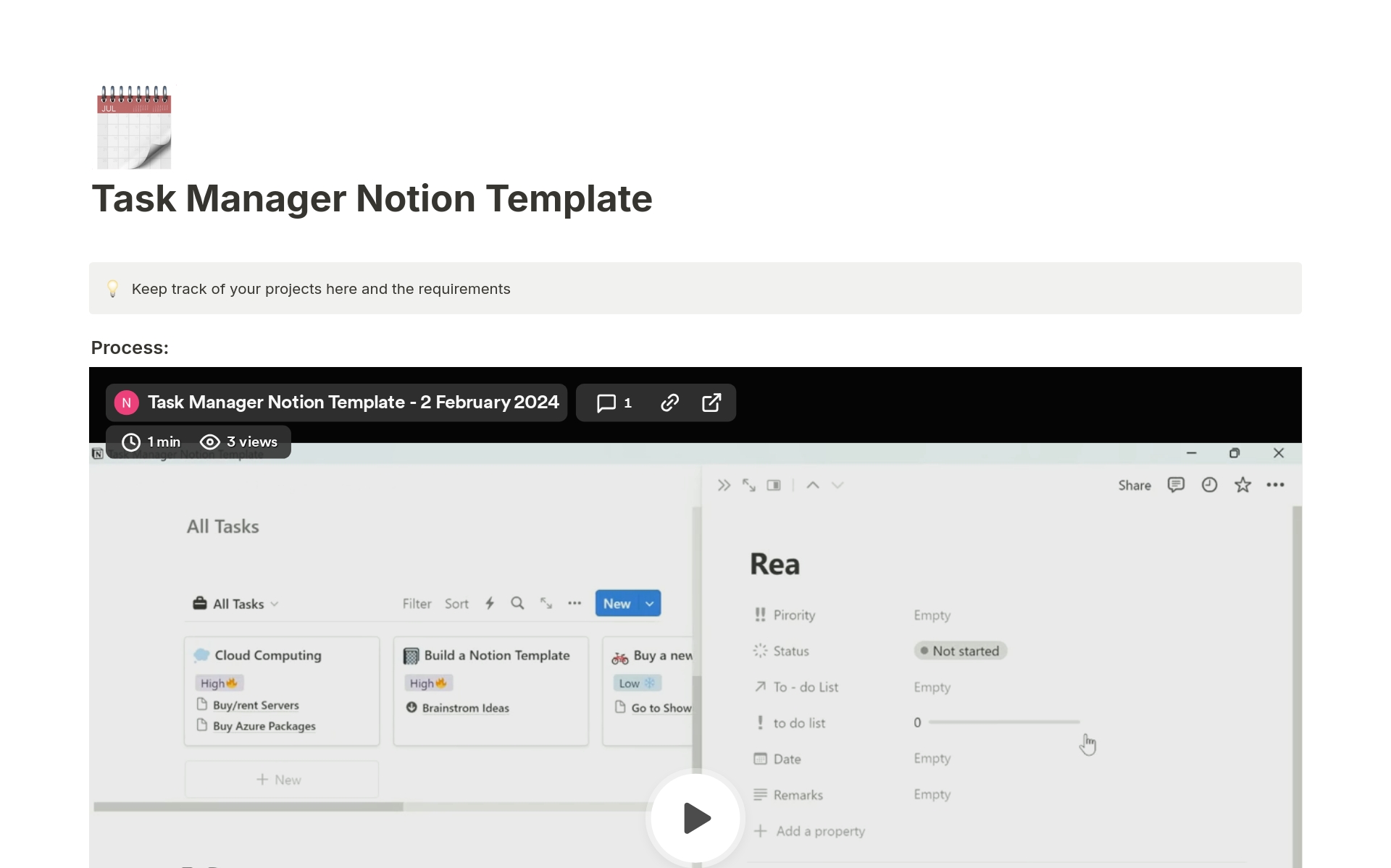 A template preview for Notion Task Manager
