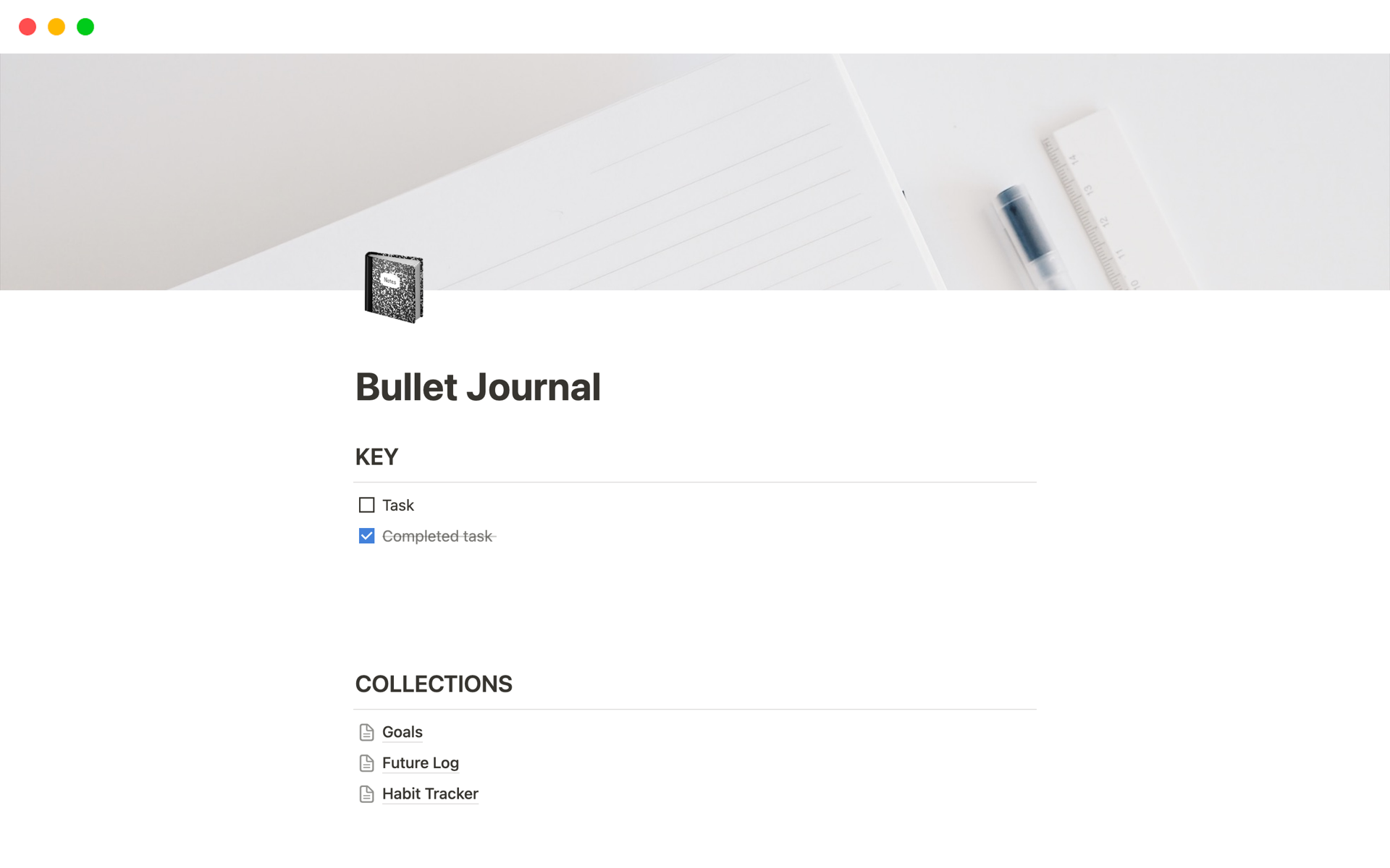 En forhåndsvisning av mal for Bullet Journal
