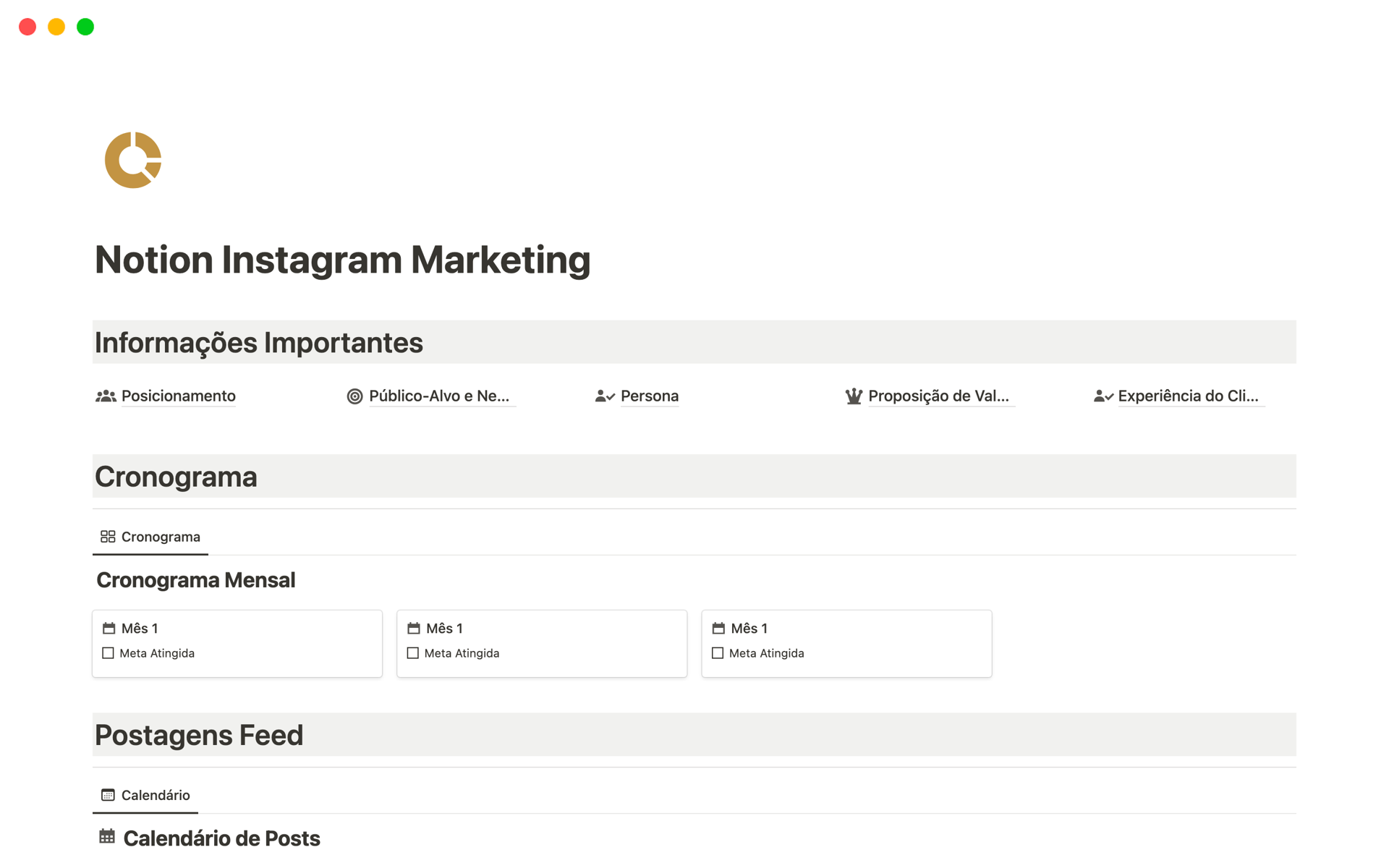 En förhandsgranskning av mallen för Notion Instagram Marketing