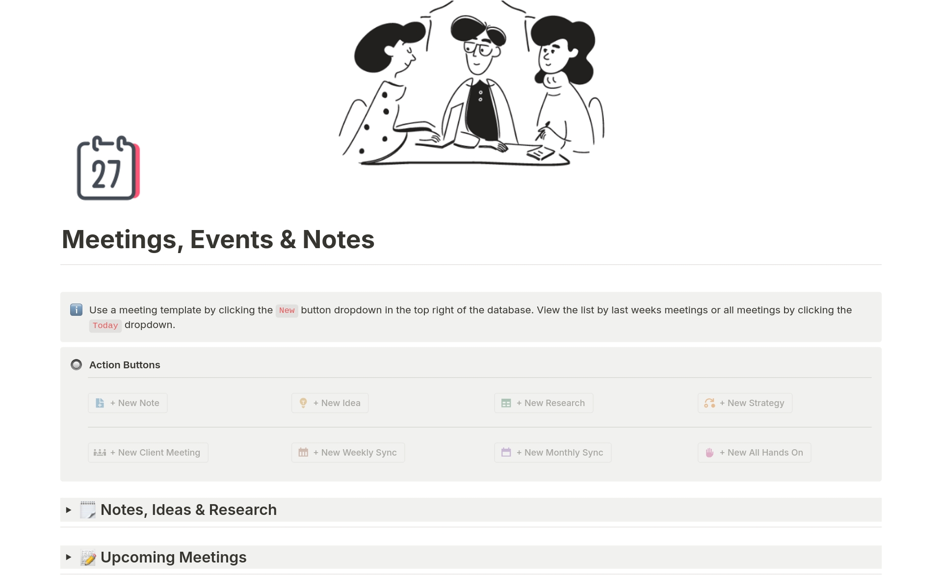 Vista previa de una plantilla para Meetings, Events & Notes Hub