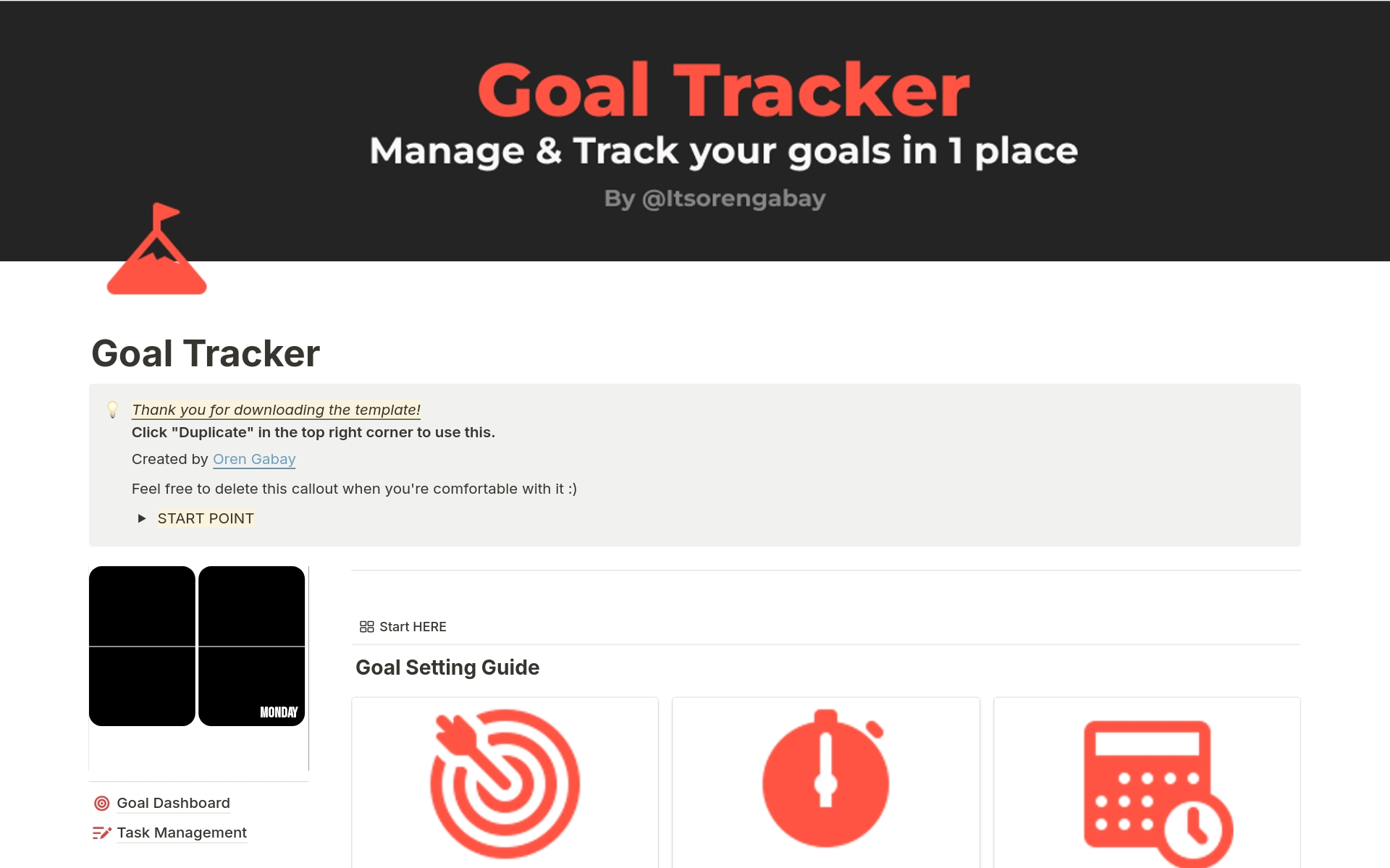 En forhåndsvisning av mal for Goal Tracker