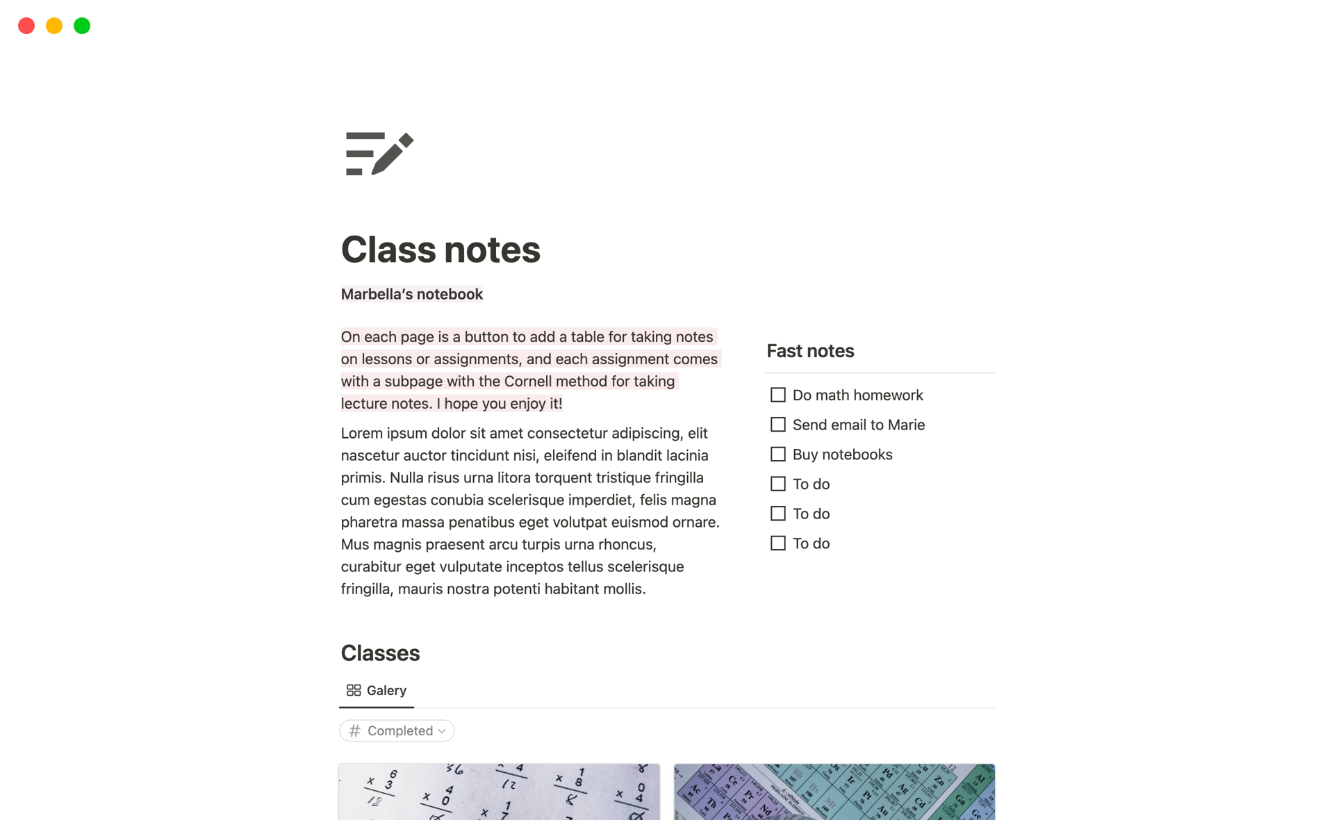 Vista previa de plantilla para Class notes