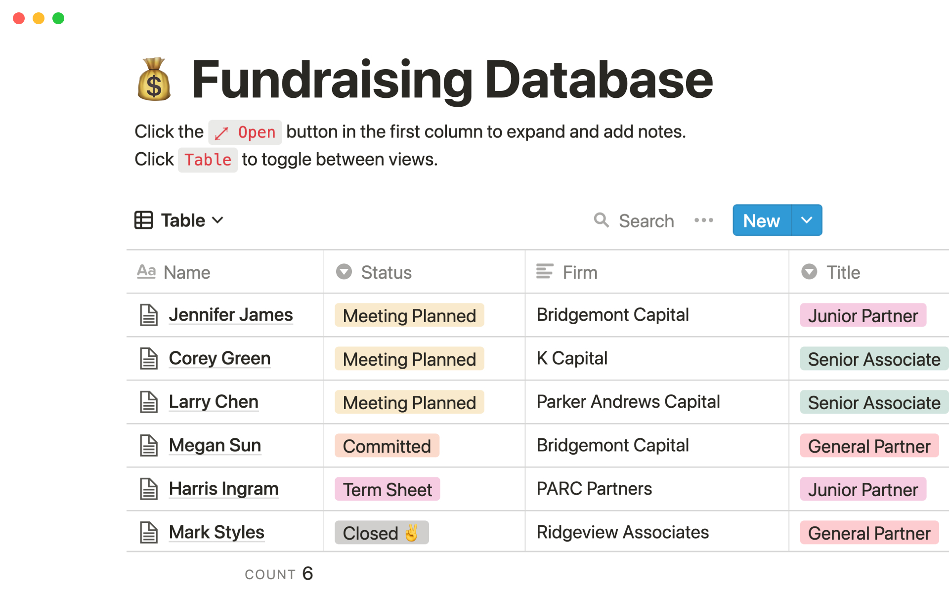En forhåndsvisning av mal for Fundraising database