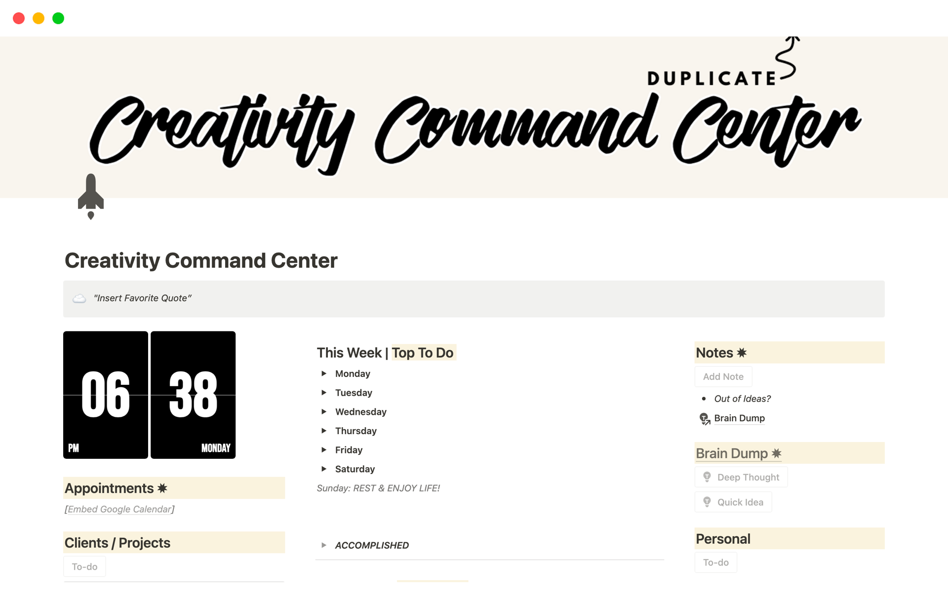 En forhåndsvisning av mal for Creativity Command Center