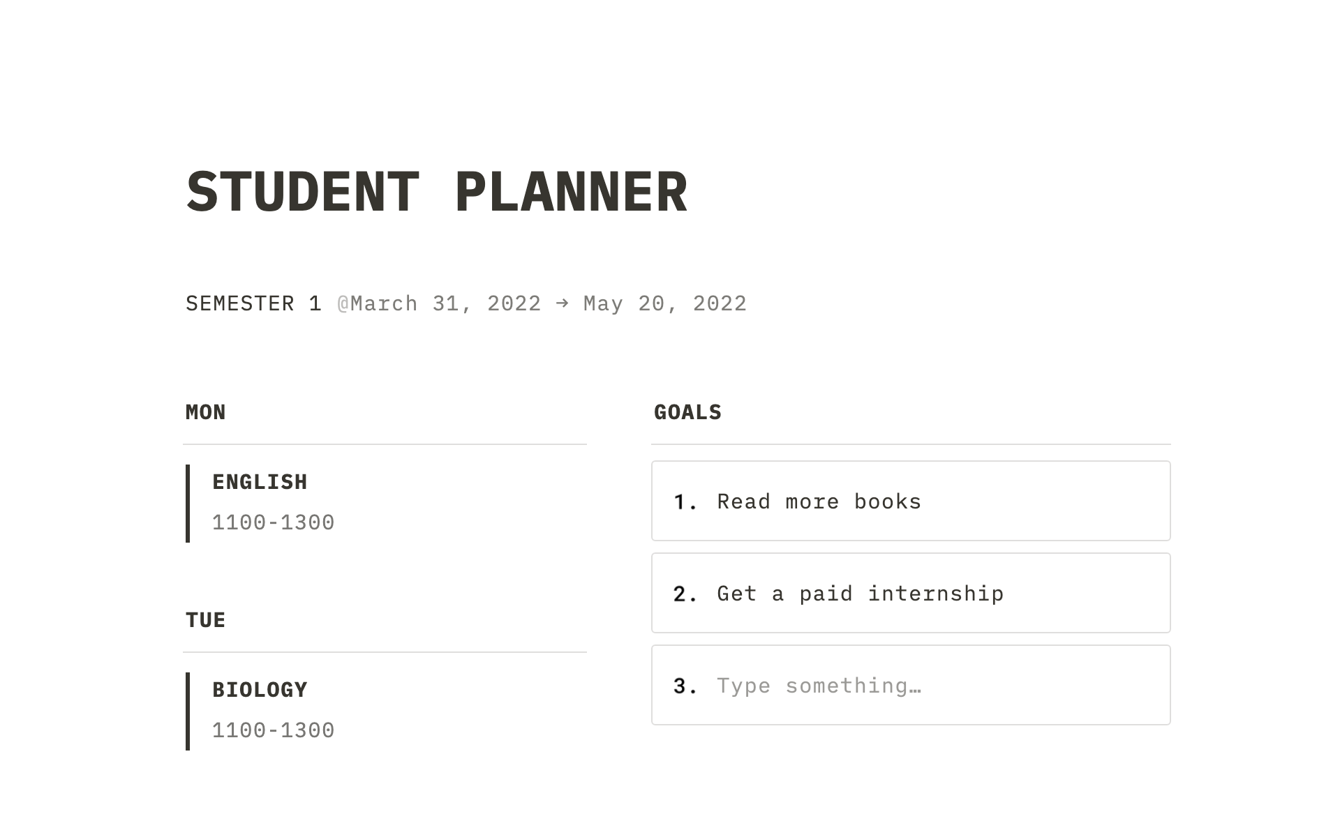En förhandsgranskning av mallen för Student Planner
